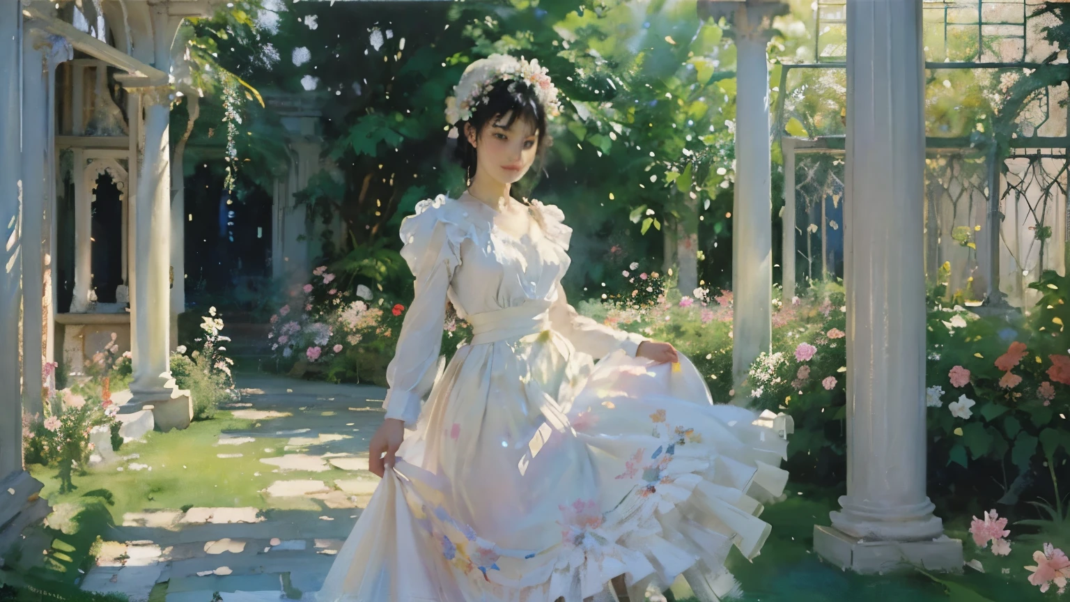 ( Woman 1)、18 years old、    Medium Short Hair 、  black hair、  hair with braids、  White Blouse and Long Skirt  、  One Piece、   cinematic lights  、Soft light、(Indoor Plant Garden ) 、dome、break (  lots of flowers  :1.2 )、(  colorful flowers :1.2 )、 ( Garden with Dancing Petals  :1.2)、   blur the background  、((    Sargent Style Watercolor Ruins))、(  anime art)、(  best quality  、Masterpiece、  high resolution)、