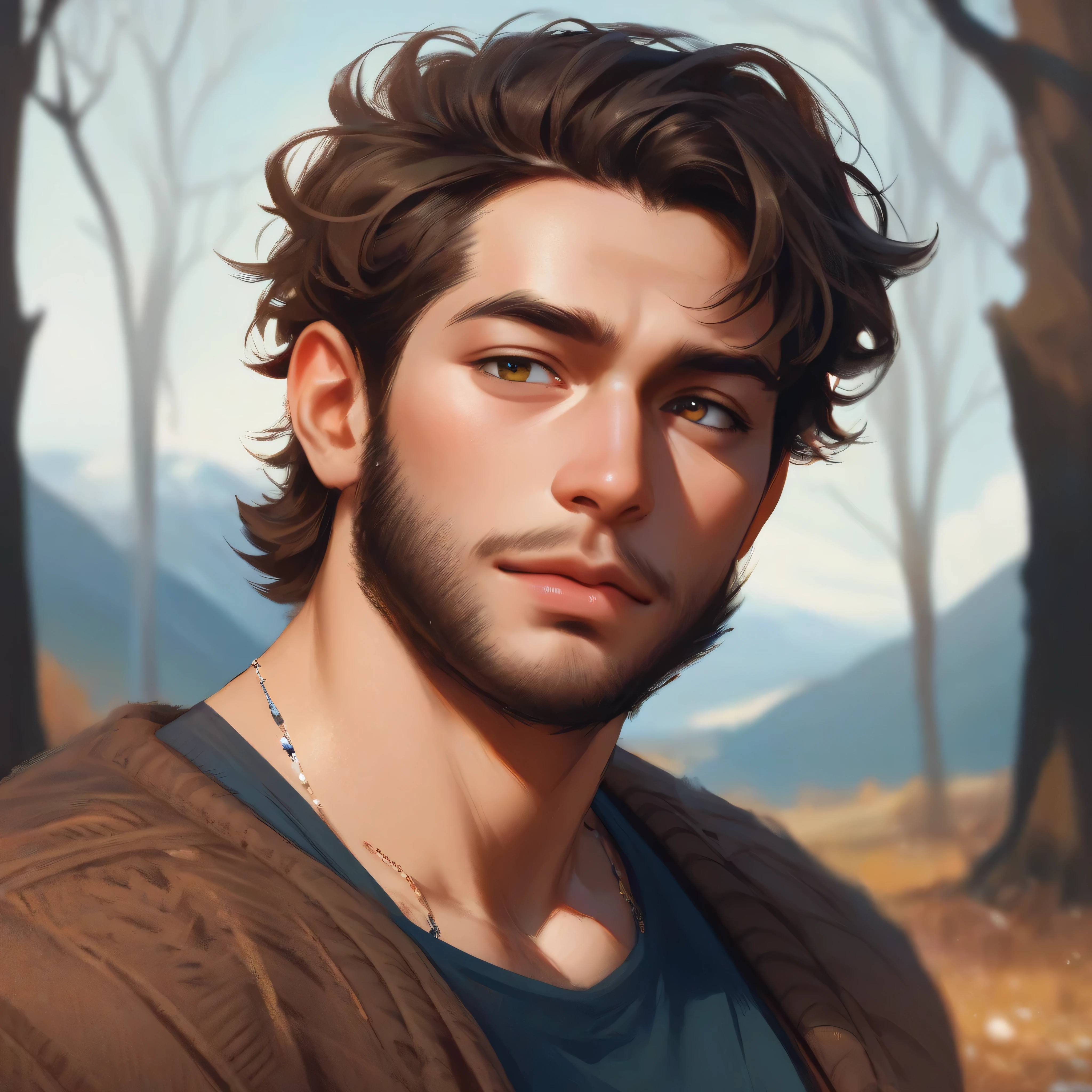create a 35-year-old man , with a beard that is not too exaggerated but closed , a haircut with a medium gradient and short curlers above , brown trees and that looks something like that of Shein from underground and at the same time that it is something individual of a realistic person who is the one I am describing to you. the background that has nothing to do with the cartoon and is a winter landscape with pink