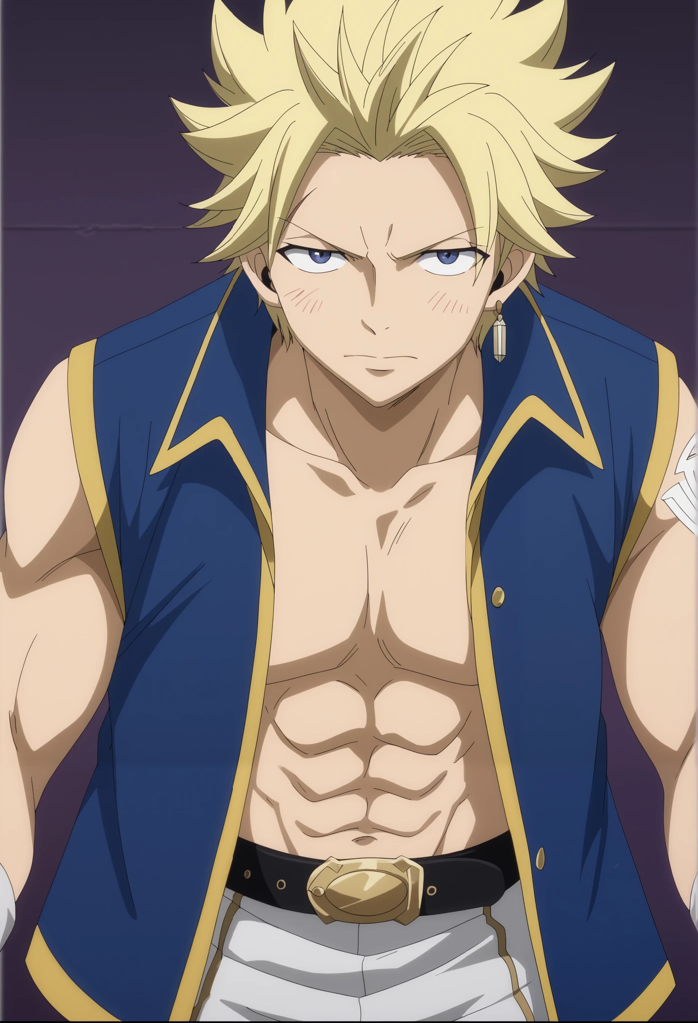 front view, Frontal portrait, close-up, looking at viewer, score_9, score_8_up, score_7_up, source_anime, StingFT, Sting blonde hair, light yellow Sting, 1boy, male focus, anime screencap, a blue men's jacket with gold or yellow details, which fits his athletic figure. Underneath, he wears a black long- or short-sleeved T-shirt. His pants are dark and tight fitting, and he completes the look with white fingerless gloves that add a modern touch. He also usually wears a belt with a decorative buckle.