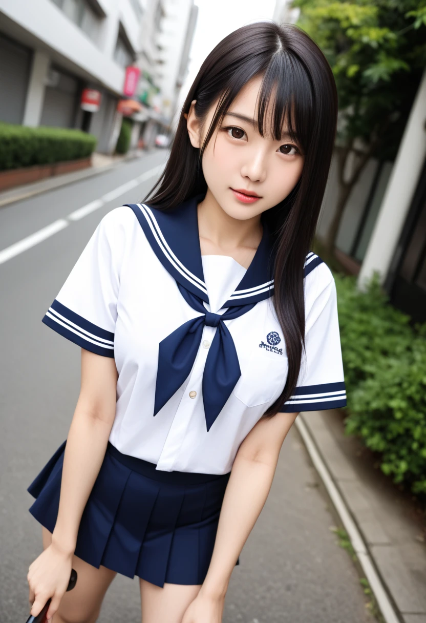 (masterpiece, highest quality:1.2), 8k, official art, RAW photo, incredibly absurd, ( sailor suit, serafuku:1.4), amazing beautiful girl, amazingly cute face, (navy pleated skirt:1.1), close, school uniform, short sleeve, gardenia, violaces, , street, looking at the viewer with a smile, no makeup, film grain, chromatic aberration, sharp focus, face light, dynamic lighting, cinematic lighting, detailed eyes and face,short hair、(((white skin without moles)))、 background bokeh、super slim thighs、((Erotic Panties are showing through、beautiful pussy line))、(High twin tails with ribbons:1.4),,((((A very young looking girl:1.3))))、(very young  with big breasts:1.2)