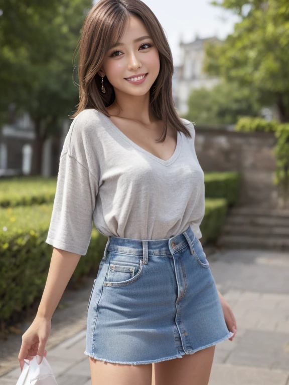 (8K, beste-Quality, A masterpice:1.2), (Realstic, photorealestic:1.37), Ultra-detailded, a 1 girl, Whole human body, plein-air, (Adjusted hair:1.5) 、Holiday Office Lady, dressed casually、Alpha Layer、high heals、earring beautiful、a Pretty、独奏、Beautiful detailed sky、(smile on face:1.15)、(Mouth closed)、rather small breasts、eyes in beautiful detail、(short-hair:1.2)、Floating hair