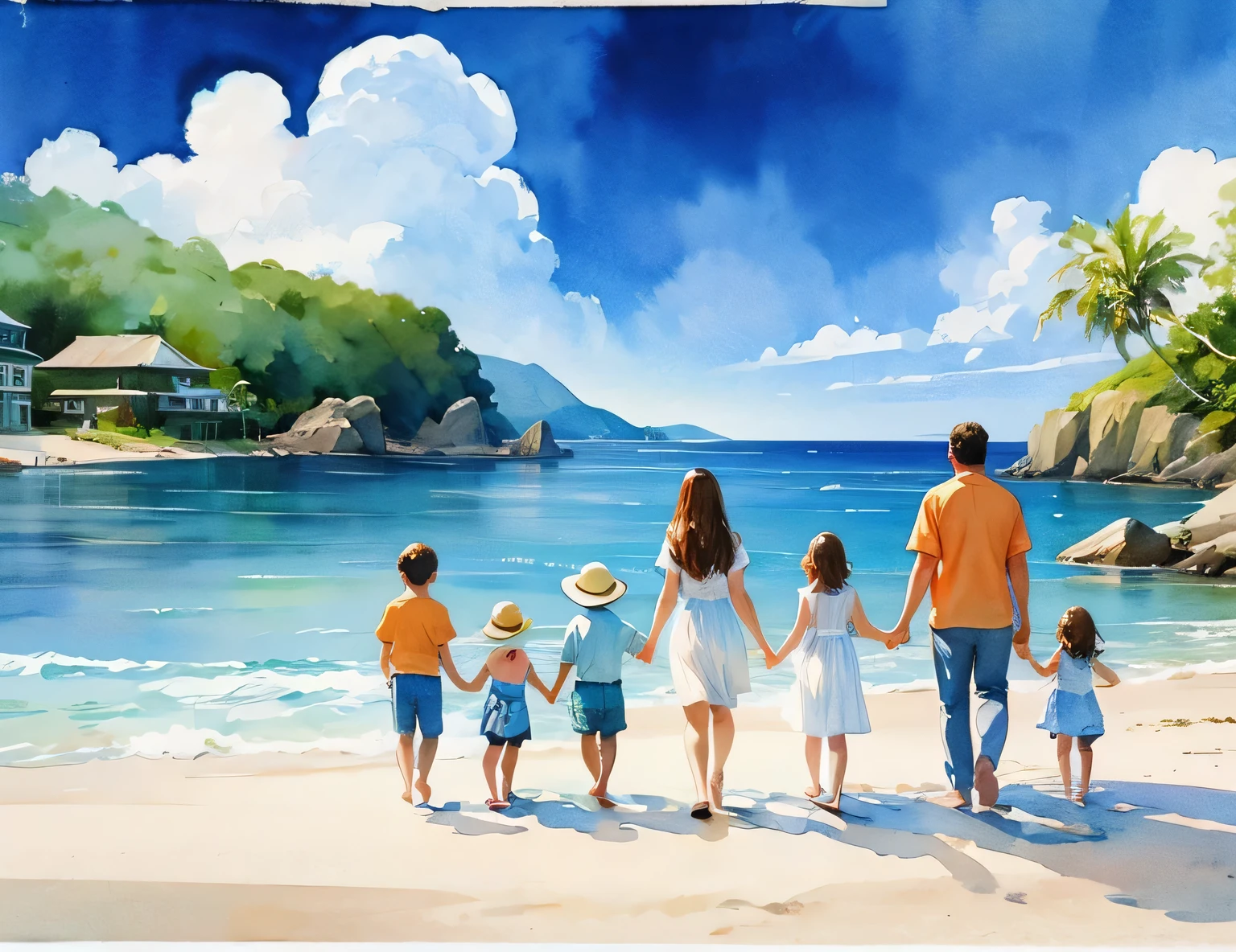 beach a family of 7 people Group photo of watercolor a small ship far away A remote island is 2t