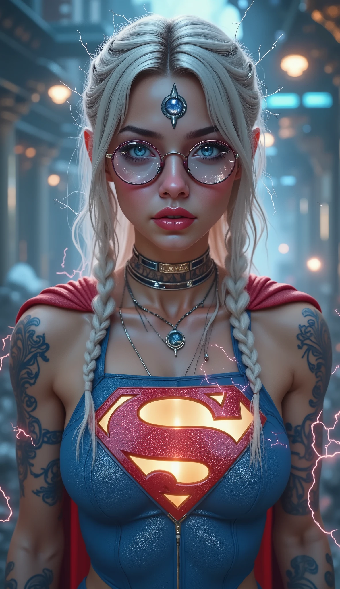 SO SEXY SO CUTE. SCREAMING IN PLEASURE AFTER BEING SEVERLY ELECTROCUTED. 3D ANIMATED STYLE. LARGE "S" EMBLEM APPEARS ON HER CHEST, BODY GROWING LARGER AS SHE TRANSFORMS INTO SUPERMAN. A SEXY YOUNG AUSTRALIAN GIRL WITH BLUE EYES, RED GLASSES, WHITE AND SILVER HAIR BRAIDED, WEARING A BLUE CORDUROY 1980 3D TEXTURED SUPERMAN COSTUME AND RED CAPE STARING AT THE VIEWER. PHOTO REALISTIC, INTRICATE DETAILS, INTICATE TEXTURES, PROESSIONAL 4K RENERING. POWERING UP, SEMI REALISTIC. MASSIVE AMOUNTS OF ELECTRICITY SURGING THROUGH HER.
