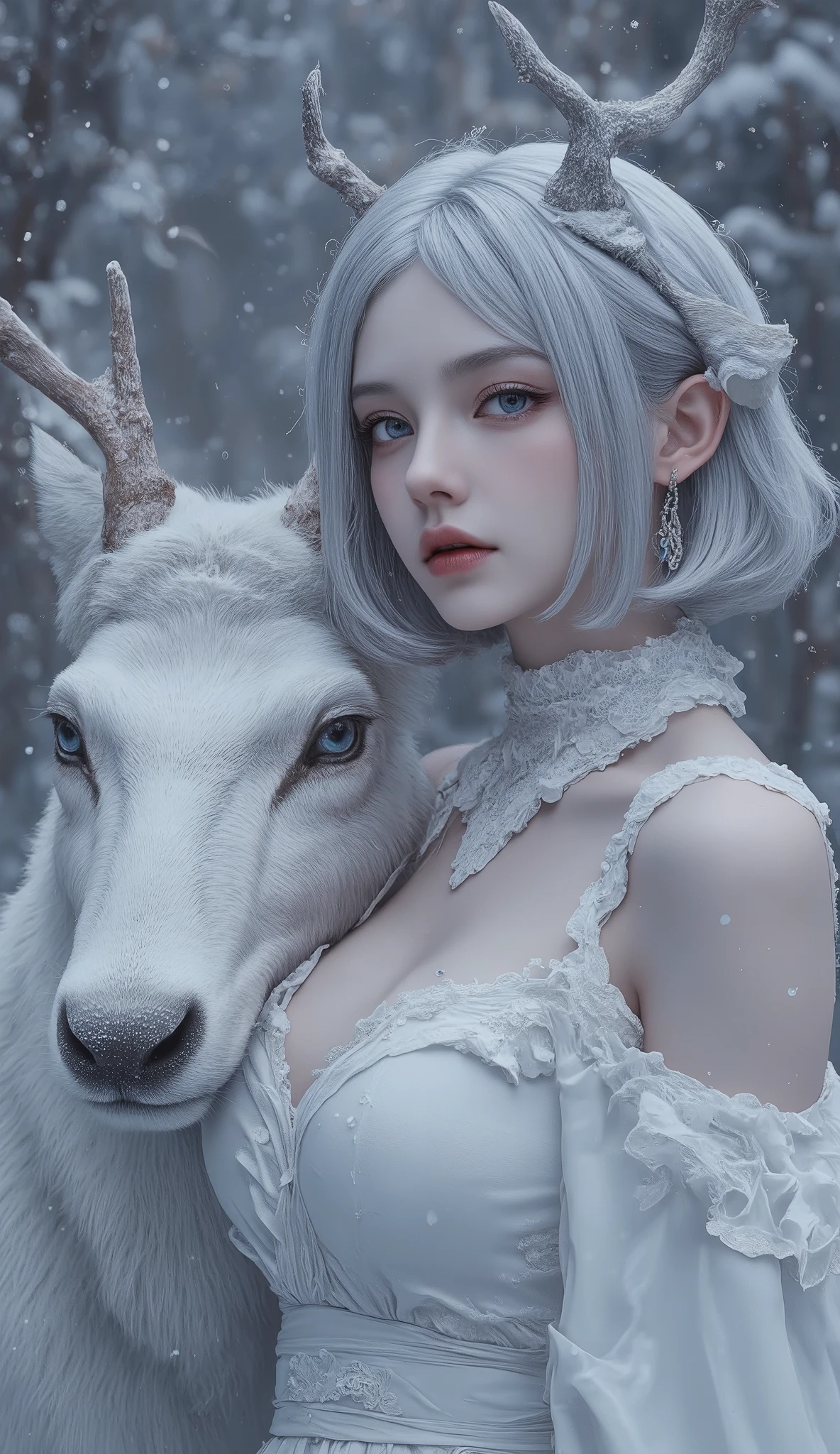 a delicate image of snow falls, winter, a jaw dropping cute face woman with shoulder length silver hair that framed her face, her human ears are completely hidden, striking facial features include sharp cheekbones, pale lips, and blue eyes, deer horns on her head, wearing white dress that is showing her elegance and cuteness, slender, very large sexy breast, tempting cleavage, and big hips. she is standing and facing the viewer frontal, next to a giant white Reindeer, a mythical creature with striking blue eyes, they are on a snowy forest, the snow falls emphasizing their surreal and otherworldly appearance, fantastical and hyper-realistic, blending elements wild sexiness and mythological elegance, hyper realistic, anatomically correct, cinematic color grading, nq
