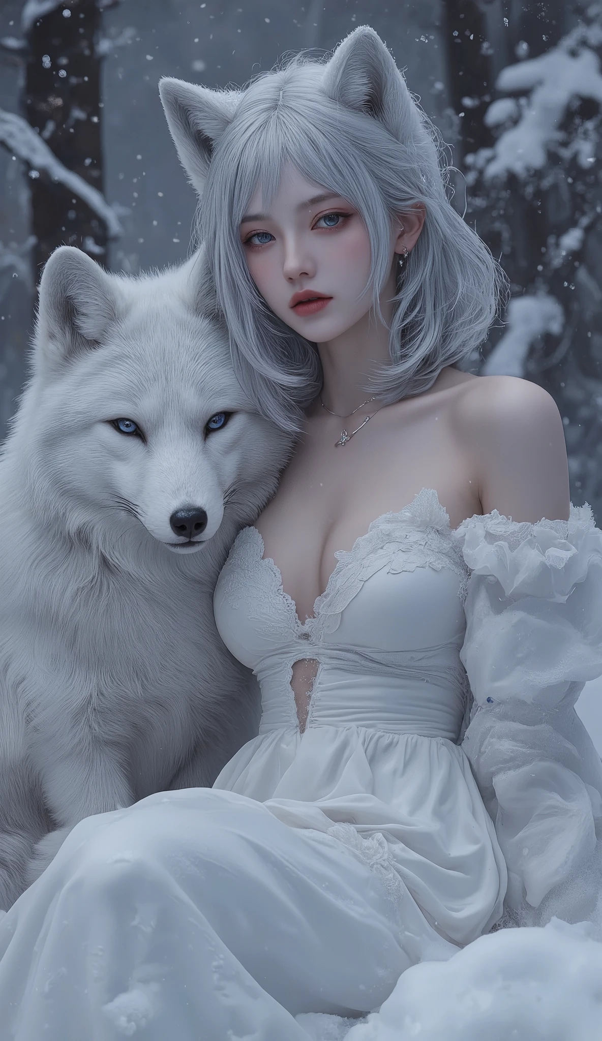 a delicate image of snow falls on winter in snowy forest, a jaw dropping sexy woman with shoulder length silver hair that framed her face and hides her human ears completely, striking facial features include sharp cheekbones, sexy glossy lips, naughty blue eyes, she has small white fox ears, wearing sexy white dress, the dress is showing her sexiness and tantalizing appearance, she has slender body with large breast, tempting cleavage, oily skin. she is sitting on snow and facing the viewer frontal, next a giant white fox, a mythical creature with striking blue eyes and thick comfort fur. the background is a snowy forest, the snow falls, snow falls on the background and foreground, emphasizing their surreal and otherworldly appearance, fantastical and hyper-realistic, blending elements wild sexiness and mythological elegance, hyper realistic, anatomically correct, cinematic color grading, nq