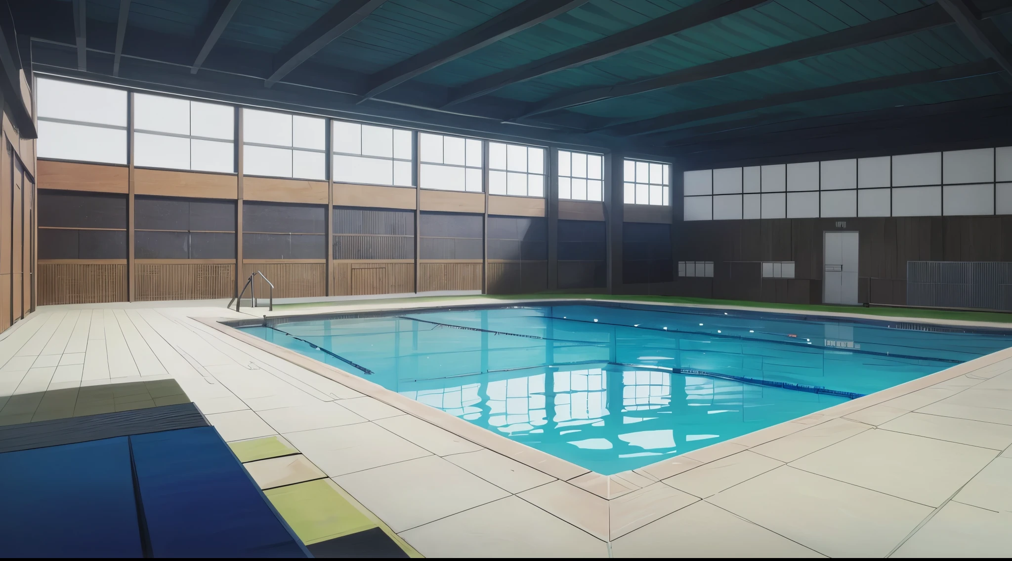 (Rainy sky) (Raindrops Falling) (Grey Sky)
(80’s Anime) (Classic) (Vintage) (Retro)
1980’s Japan High School is a huge broad campus of several grey buildings built in a contemperary architecture.
There are students walking out of the school towards the back entrance.
There is swimming pool of water in an indoor gymnasium.
(View from the High School)