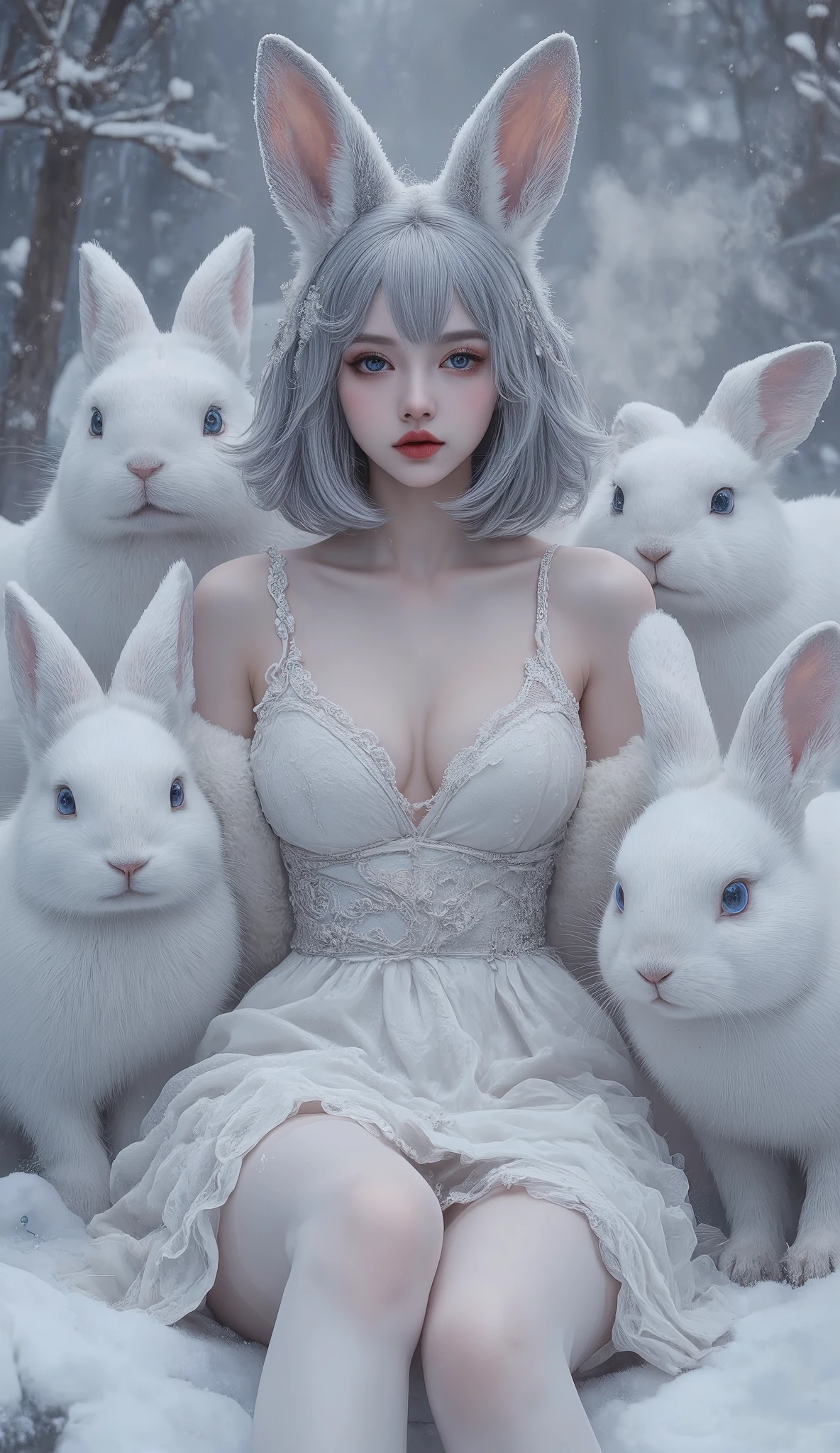 a delicate image of jaw dropping beauty and perfect cuteness face woman with shoulder length silver hair that framed her face and hides her human ears completely, striking facial features include sharp cheekbones, sexy lips, and blue eyes, she has a bunny ears, wearing white dress with addition of white fur, the dress is showing her elegance and beautiful body, slender, ample breast, tempting cleavage, and beautiful big hips. she is sitting on snow and facing the viewer frontal, she is surrounding by pack of giant white rabbits, mythical creature rabbits with striking blue eyes, they are on a snowy forest, winter, ((the snows fall:1.6)), ((warm steam breath:1.4)), the snow falls emphasizing their surreal and otherworldly appearance, fantastical and hyper-realistic, blending elements wild sexiness and mythological elegance, hyper realistic, anatomically correct, cinematic color grading, nq