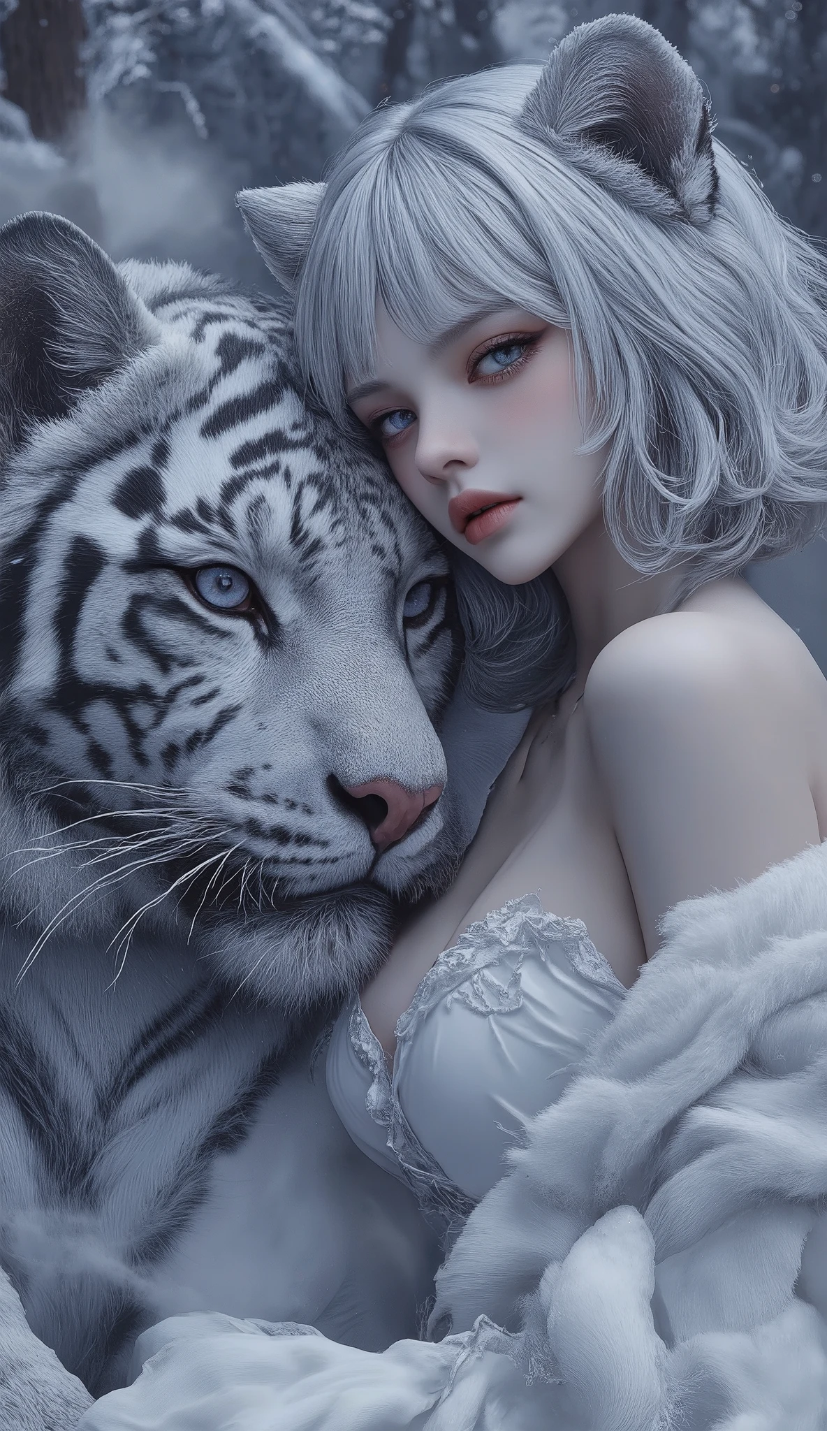 a Masterpiece, image of a woman with toned skin, shoulder length silver hair framed her face and hides her human ears completely, striking facial features include sharp cheekbones, juicy lips, and blue eyes, she has a tiger ears, jaw dropping beauty with perfect cuteness face, wearing white dress with addition of white fur, the dress is showing her elegance and beautiful body, slender, ample breast, tempting cleavage, and beautiful big hips. she is lean to a giant white tiger, a tiger white fur and silver stripes, the tiger has striking azure eyes. they are on a snowy forest, winter, ((the snows fall:1.6)), ((warm steam breath:1.4)), the snow falls emphasizing their surreal and otherworldly appearance, fantastical and hyper-realistic, blending elements wild sexiness and mythological elegance, hyper realistic, anatomically correct, cinematic color grading, nq
