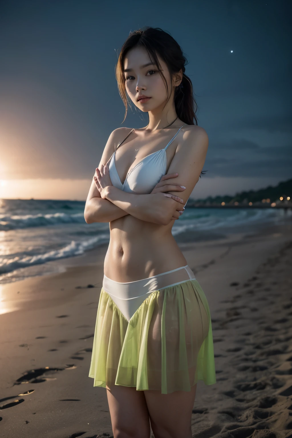 (((barefoot short-torsoed Japanese girls dancing on mud beach))), natural front lighting, ultra sharp focus,bright blonde braided twin hair, (((light silky pale white skin color))),blue large eyes with long eyelashes and double eyelids, dynamic angle,red lip,smile, (huge breasts), (full body shot:2), (((wearing sexy purple underwear))), waving long arms, (slender waist),(thin long legs)