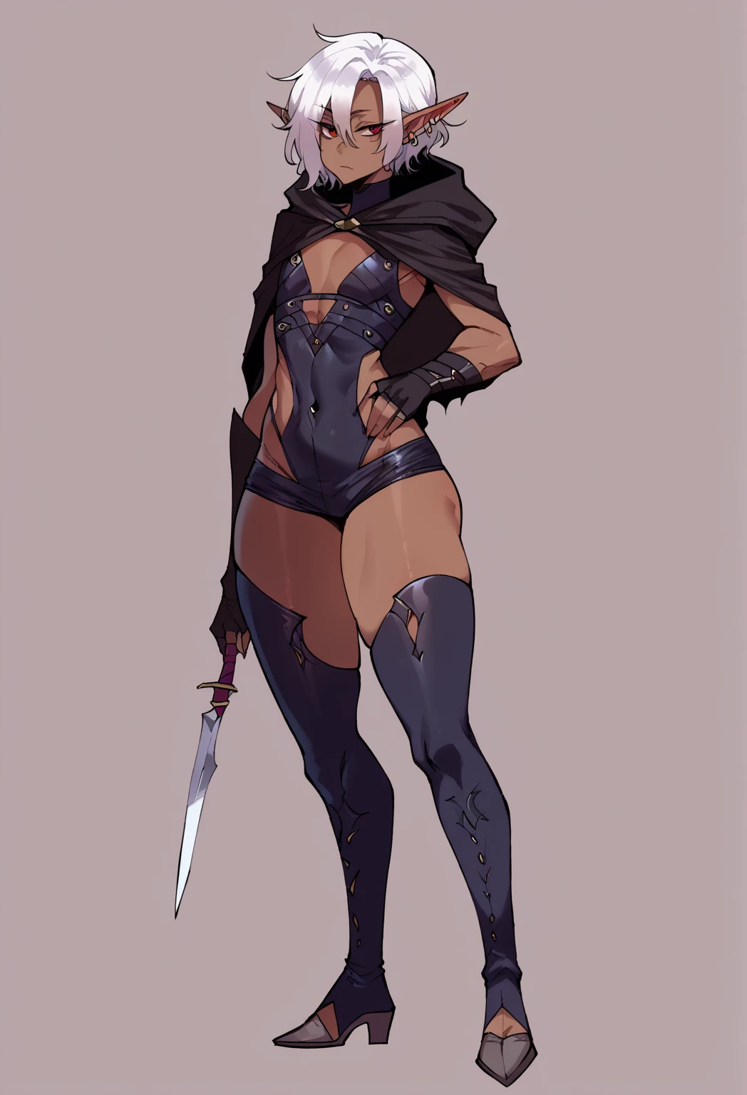 Dark elf, thick hips, thick thighs, platform heels, leather bikini, mini bikini, huge breast, thin waist, tight stockings, bob cut hair, weapon, tanned skin, handle sword, angry look, fullbody, standing, front pose,