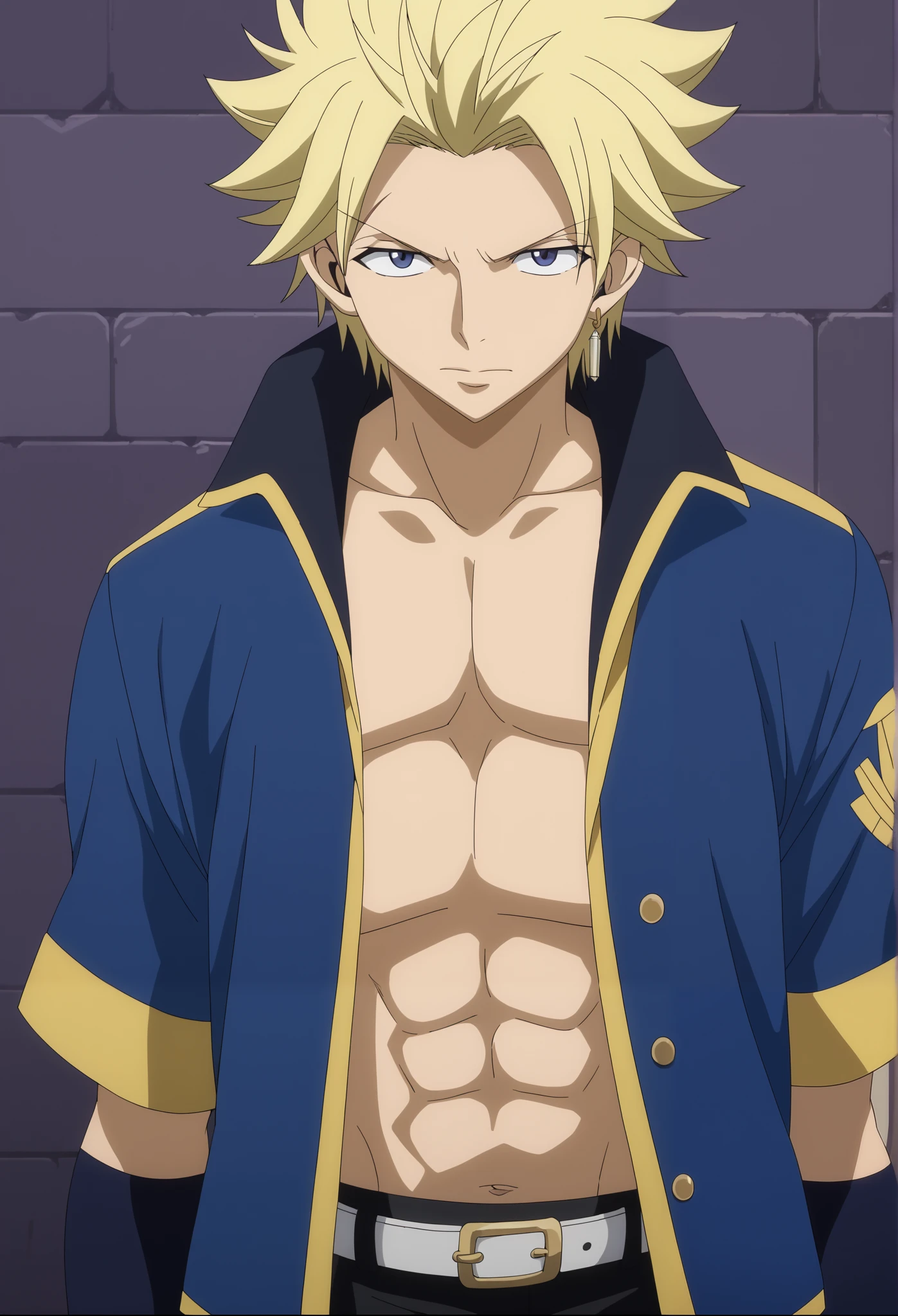 front view, Frontal portrait, close-up, looking at viewer, score_9, score_8_up, score_7_up, source_anime, StingFT, Sting blonde hair, light yellow Sting, 1boy, male focus, anime screencap, a blue men's jacket with gold or yellow details, which fits his athletic figure. Underneath, he wears a black long- or short-sleeved T-shirt. His pants are dark and tight fitting, and he completes the look with white fingerless gloves that add a modern touch. He also usually wears a belt with a decorative buckle.