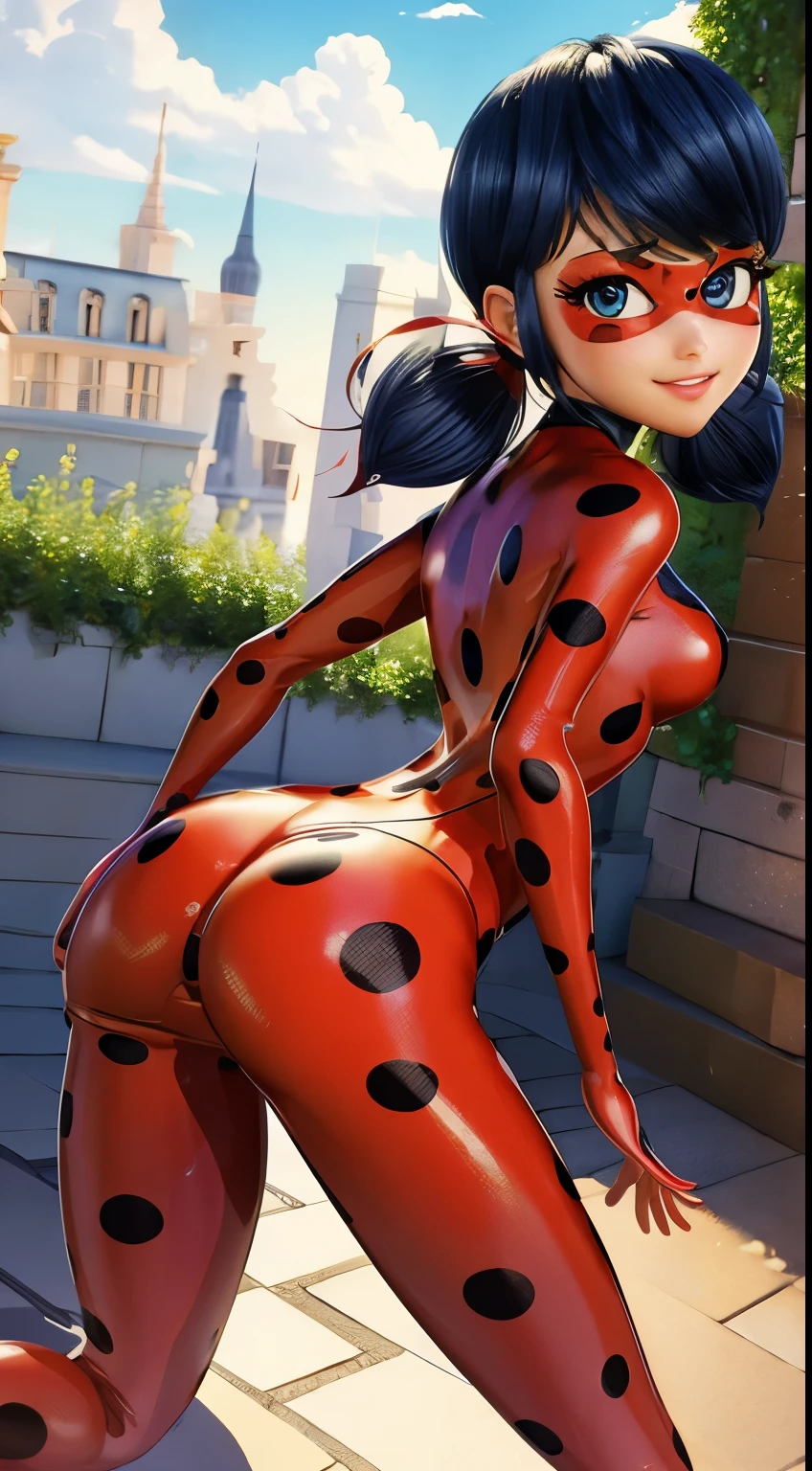 masterpiece, best quality, ultra-detailed, illustration, ladybug, polka dots outfit and más, twintails, big around butt
