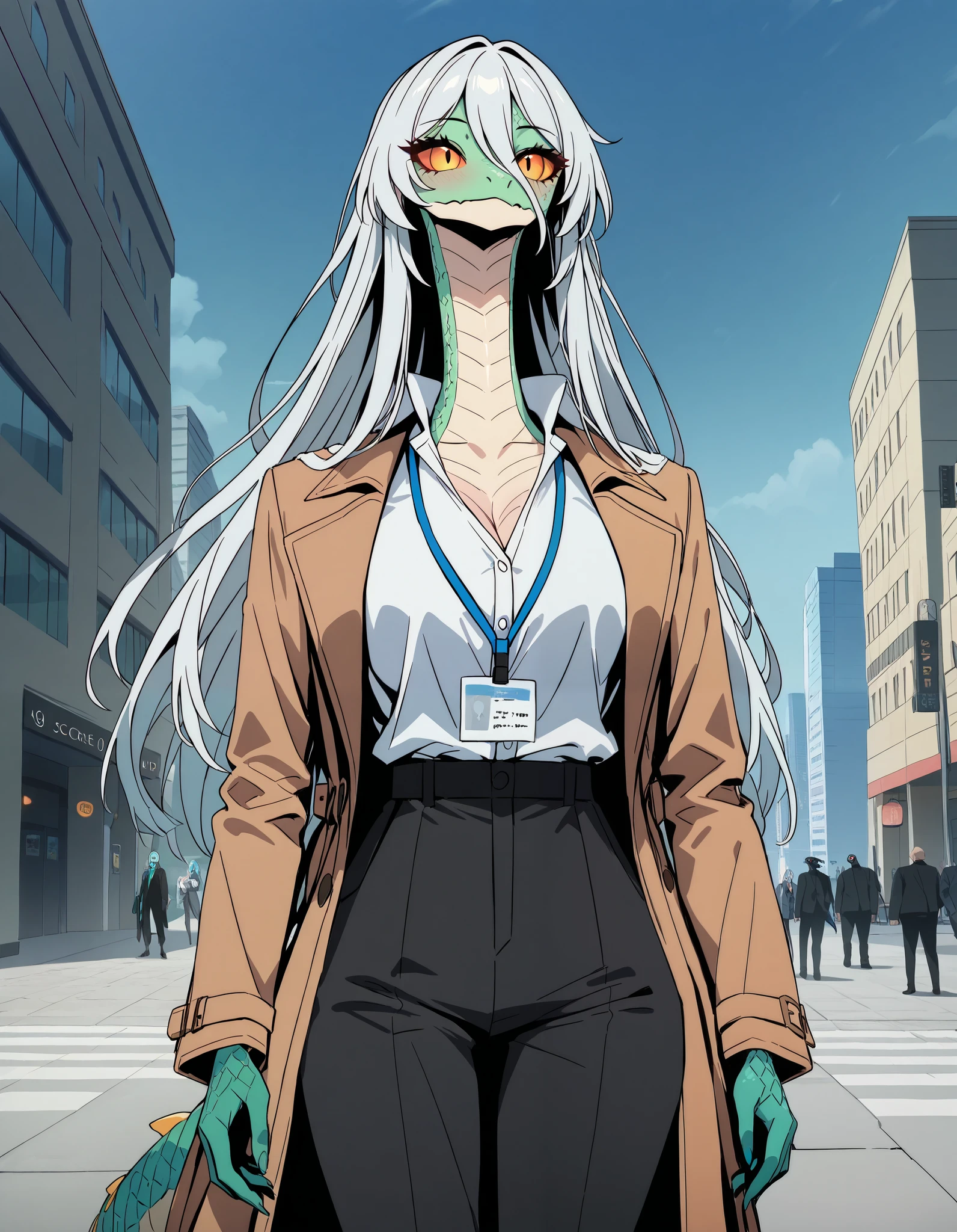 anime_screencap, score_9, score_8_up, score_7_up, score_6_up, score_5_up, score_4_up, Anime, (masterpiece), best quality, Antro, human reptile, humanANDreptile, disguised in New York streets, lizard, reptile, cool look, full lizard body, (Ultra HD), (studio quality), (professional design), long blunt hair, extra long bangs, reptile, lizard, black pants, white shirt, fantasy, sci-fi, snake eyes, fluffy open coat, (reptile skin:1.1), (reptile face skin:1.1), (reptile skin neck), business attire, office clothing, (High Res), lizard, scales for skin