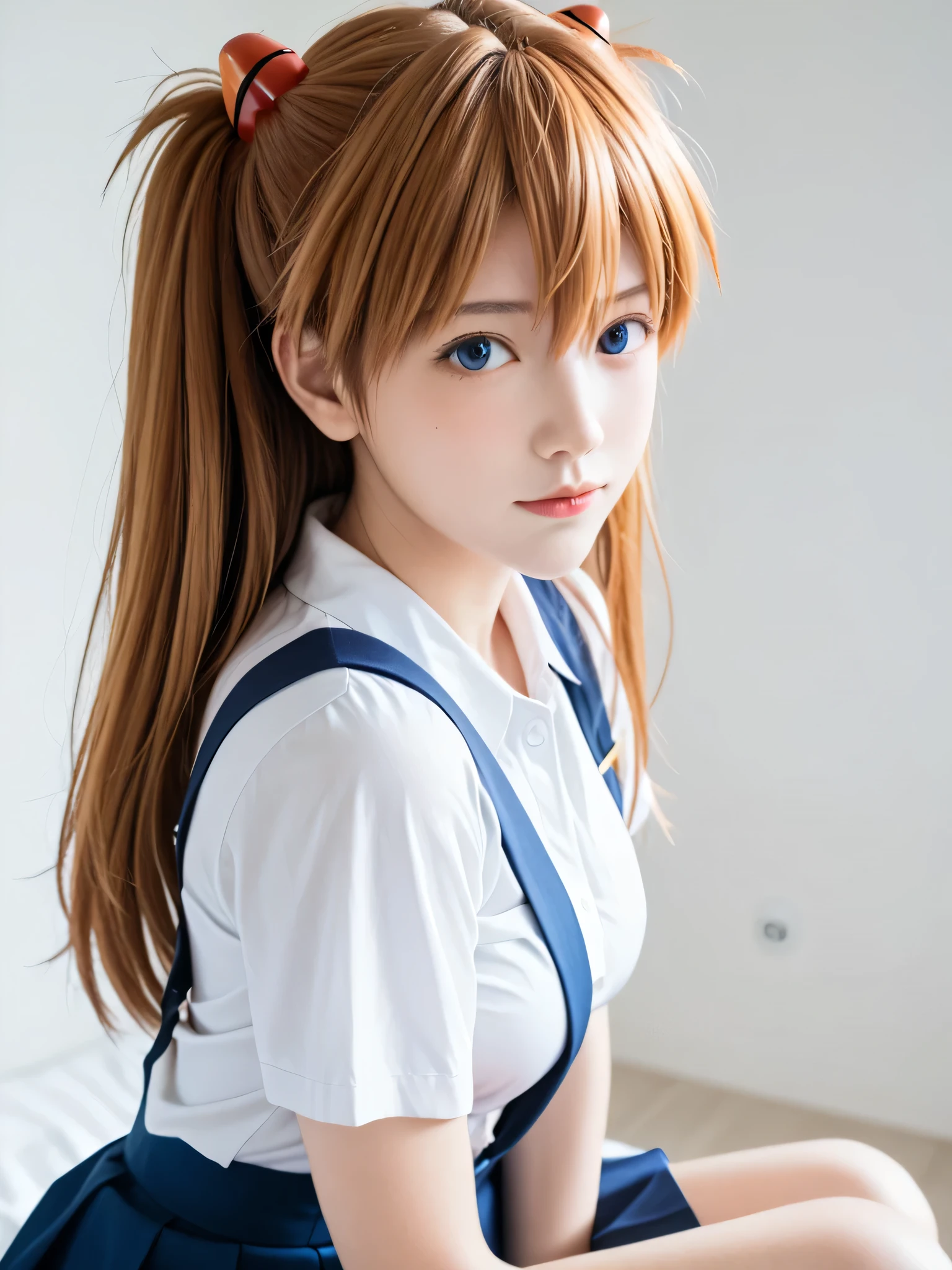 score_9, score_8_up, score_7_up, source_photo, realistic, photo, dramatic shadows, (((masterpiece, best quality))), ((((best quality, realistic, photo-realistic)))), ((((photorealistic)))), (((19 years old))), 1girl, asuka langley soryu, (souryuu asuka langley:1.5), ((((blue eyes))))), hair between eyes, skirt, shirt, ribbon, school uniform, white shirt, short sleeves, blue skirt, suspenders, watch, suspender skirt, wristwatch, perspective, ((((dynamic angle)))), orange hair, depth of field, sharp focus, (((eva school uniform))), (((tokyo-3 middle))), Detailed face, ((((medium breasts)))), big breasts, ((solo)), busty, ((1girl)), beautiful breasts, beautiful ass, love, caring, blush, appreciate, caring eyes, droopy eyes, shiny skin, beautiful breasts, beautiful ass, cute face, (((pretty sister))), ((pretty)), playfully scolding the viewer, Beautiful eyes, (((big eyes:1.3))), (((sensual vibe))), ((((feeling pleasure)))), ((((ideal body)))), ((energetic)), ((perfect fingers)), ((((night)))), ((((seductive pose)))), ((((sexy pose)))), (((realistic:1.4))), ((sitting)), ((((both hands on your back)))), ((((put your hands on your back)))), ((((view from side))))
