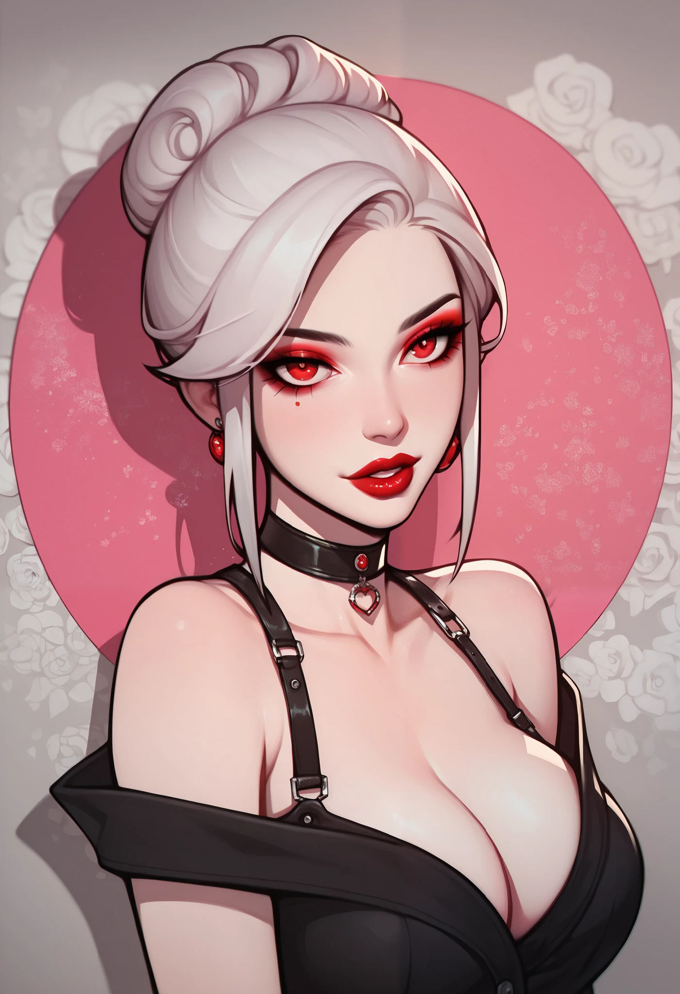 score_9, score_8_up, score_7_up, score_6_up, score_5_up, score_4_up, BREAK 1girl, intricate, Off-shoulder blouse, seductive neckline, thin strap, Yakuza outfit , (eyeliner:1.2), looking at viewer, silver hair, red eyes, bun-cut, long hair, pink lips , pale skin, jewelry, detailed background, big breasts (masterpiece, high quality:1),