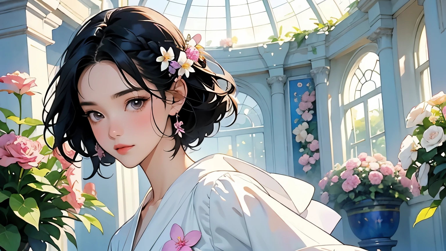 ( Woman 1)、18 years old、 Medium Short Hair 、 black hair、 hair with braids、 White Blouse and Long Skirt 、 One Piece、 cinematic lights 、Soft light、(Indoor Plant Garden ) 、dome、break ( lots of flowers :1.2 )、( colorful flowers :1.2 )、 ( Garden with Dancing Petals :1.2)、 blur the background 、(( Sargent Style Watercolor Ruins))、( anime art)、( best quality 、Masterpiece、 high resolution)、