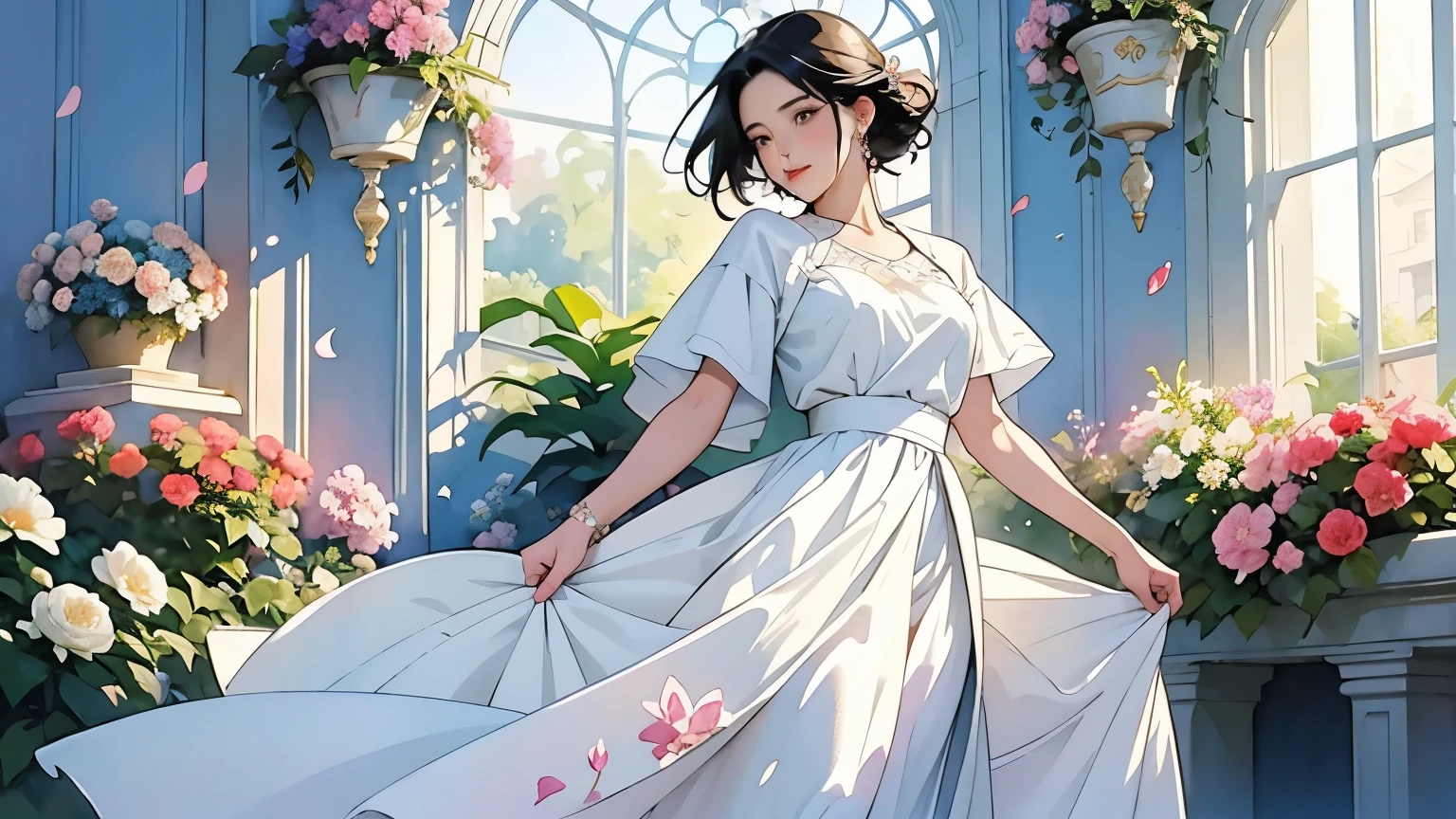 ( Woman 1)、18 years old、  Medium Short Hair 、  black hair、 hair with braids、  White Blouse and Long Skirt  、  One Piece、  cinematic lights  、Soft light、(Indoor Plant Garden ) 、dome、break (  lots of flowers  :1.2 )、(  colorful flowers :1.2 )、 ( Garden with Dancing Petals  :1.2)、  blur the background  、((  Sargent Style Watercolor Ruins))、(  anime art)、(  best quality  、Masterpiece、  high resolution)、