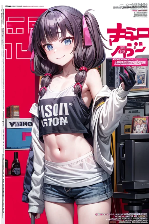 (Superflat, Flat Shading, flat-colors:1.1)、(Magazine Cover)、(Multiple girls)、Illustrations、((Lori、Petite、flat chested、A ))、White skin and beautiful appearance、white wavy hair、Red eyes、Petite、striped crop top、Children's Printed Panties、Smile、Bottom、from behind、colorful stockings、Volumetric lighting、Soft light、Bright、neons、Vibrant colors、watercolor paiting、