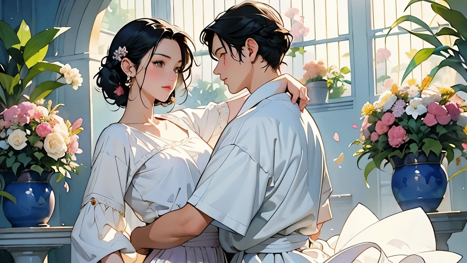 ( Woman 1)、18 years old、 Medium Short Hair 、 black hair、 hair with braids、 White Blouse and Long Skirt 、 One Piece、 cinematic lights 、Soft light、(Indoor Plant Garden ) 、dome、break ( lots of flowers :1.2 )、( colorful flowers :1.2 )、 ( Garden with Dancing Petals :1.2)、 blur the background 、(( Sargent Style Watercolor Ruins))、( anime art)、( best quality 、Masterpiece、 high resolution)、