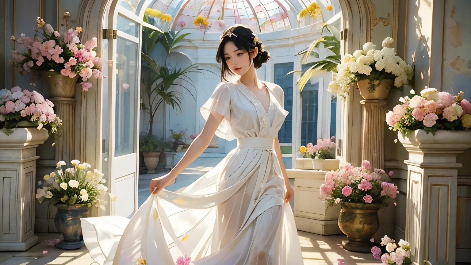 Full figure, 1 girl, -clinging shooting, 18 years old, white firefly clothes, strap clothes, glowing clothes, ornaments, exquisite faces, details, hands, ultimate details, amazing magnificence, Pedaipan style, fiber hair, glowing white iris, ((glowing flower)),