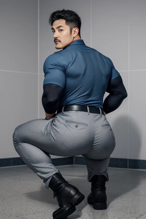 40-year-old boy Japanese muscular male in light blue formal shirt......... wearing police cap, wearing navy blue trouser ...........gooning seductive expression.................... dripping on body and pants...................., arching back............... looking back to the camera. [[ big unrealistic butt,]] hairy legs.................. muscular thigh......................close up on butt........low angle camera.......... muscular thigh........... night dark alley