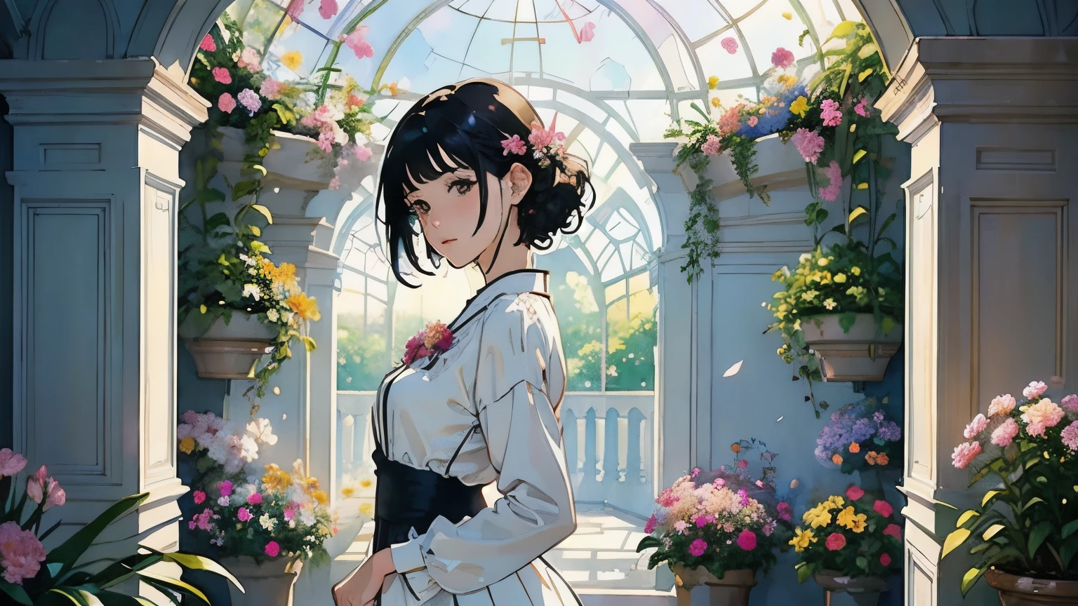 ( Woman 1)、18 years old、 Medium Short Hair 、 black hair、 hair with braids、 White Blouse and Long Skirt 、 One Piece、 cinematic lights 、Soft light、(Indoor Plant Garden ) 、dome、break ( lots of flowers :1.2 )、( colorful flowers :1.2 )、 ( Garden with Dancing Petals :1.2)、 blur the background 、(( Sargent Style Watercolor Ruins))、( anime art)、( best quality 、Masterpiece、 high resolution)、