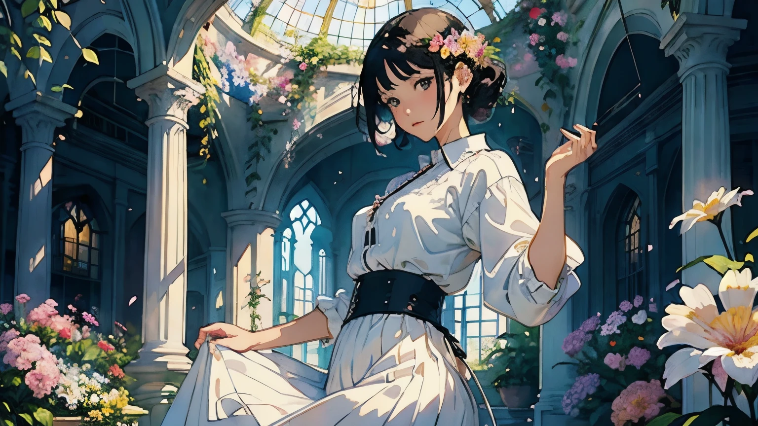 ( Woman 1)、18 years old、 Medium Short Hair 、 black hair、 hair with braids、 White Blouse and Long Skirt 、 One Piece、 cinematic lights 、Soft light、(Indoor Plant Garden ) 、dome、break ( lots of flowers :1.2 )、( colorful flowers :1.2 )、 ( Garden with Dancing Petals :1.2)、 blur the background 、(( Sargent Style Watercolor Ruins))、( anime art)、( best quality 、Masterpiece、 high resolution)、