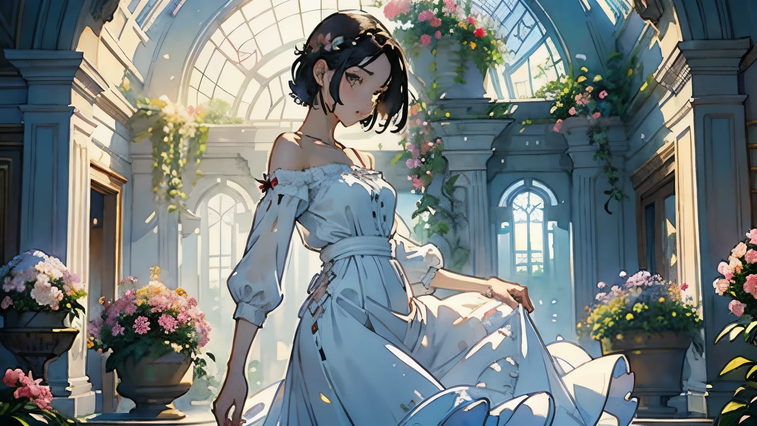 ( Woman 1)、18 years old、 Medium Short Hair 、 black hair、 hair with braids、 White Blouse and Long Skirt 、 One Piece、 cinematic lights 、Soft light、(Indoor Plant Garden ) 、dome、break ( lots of flowers :1.2 )、( colorful flowers :1.2 )、 ( Garden with Dancing Petals :1.2)、 blur the background 、(( Sargent Style Watercolor Ruins))、( anime art)、( best quality 、Masterpiece、 high resolution)、
