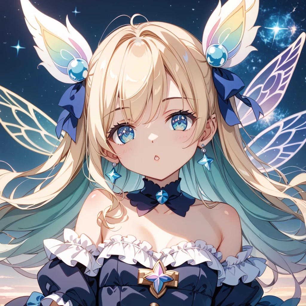 anime, fairy, fairy wings, fairy dress, fairy wings, fairy dress, fairy wings, big cleavage、fairy dress, beautiful fairy, smiling as a queen of fairies, fairy aesthetics, portrait of a fairy, astral fairy, faerie, beautiful fantasy anime, beautiful fairie, portrait of fairy, beautiful fairies, anime fantasy illustration, space flower fairy, anime in fantasy style