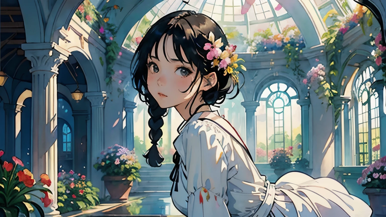 ( Woman 1)、18 years old、  Medium Short Hair 、  black hair、 hair with braids、  White Blouse and Long Skirt  、  One Piece、  cinematic lights  、Soft light、(Indoor Plant Garden ) 、dome、break (  lots of flowers  :1.2 )、(  colorful flowers :1.2 )、 ( Garden with Dancing Petals  :1.2)、  blur the background  、((  Sargent Style Watercolor Ruins))、(  anime art)、(  best quality  、Masterpiece、  high resolution)、