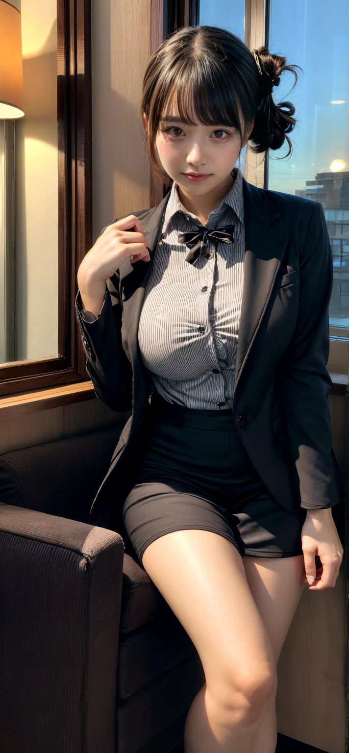 high quality,8K,high resolution,woman,1 personality,tall,realistic texture,cute smile,(uniform),(stockingini skirt),(OL1,2),(garter belt),(Glasses),tie,(Jacket),,