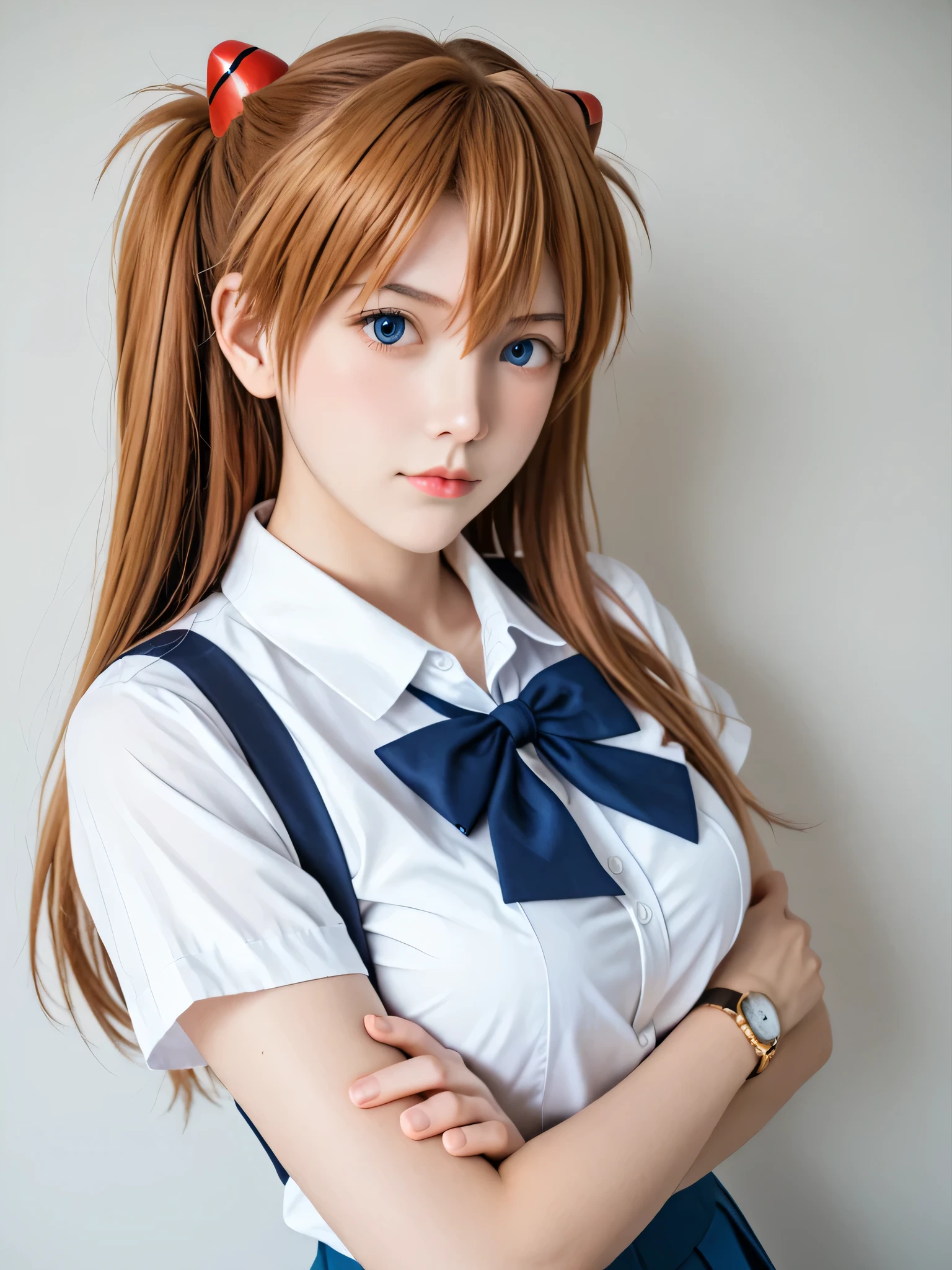 score_9, score_8_up, score_7_up, source_photo, realistic, photo, dramatic shadows, (((masterpiece, best quality))), ((((best quality, realistic, photo-realistic)))), ((((photorealistic)))), (((19 years old))), 1girl, asuka langley soryu, (souryuu asuka langley:1.5), ((((blue eyes))))), hair between eyes, skirt, shirt, ribbon, school uniform, white shirt, short sleeves, blue skirt, suspenders, watch, suspender skirt, wristwatch, perspective, ((((dynamic angle)))), orange hair, depth of field, sharp focus, (((eva school uniform))), (((tokyo-3 middle))), Detailed face, ((((medium breasts)))), big breasts, ((solo)), busty, ((1girl)), beautiful breasts, beautiful ass, love, caring, blush, appreciate, caring eyes, droopy eyes, shiny skin, beautiful breasts, beautiful ass, cute face, (((pretty sister))), ((pretty)), playfully scolding the viewer, Beautiful eyes, (((big eyes:1.3))), (((sensual vibe))), ((((feeling pleasure)))), ((((ideal body)))), ((energetic)), ((perfect fingers)), ((((night)))), ((((seductive pose)))), ((((sexy pose)))), (((realistic:1.4))), ((((standing)))), ((((both hands on your back)))), ((((put your hands on your back)))), ((((arms crossed with a pout)))),