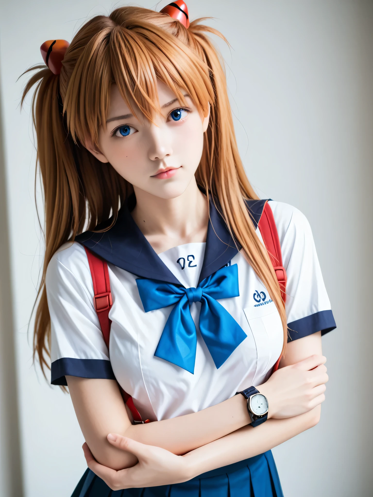 score_9, score_8_up, score_7_up, source_photo, realistic, photo, dramatic shadows, (((masterpiece, best quality))), ((((best quality, realistic, photo-realistic)))), ((((photorealistic)))), (((19 years old))), 1girl, asuka langley soryu, (souryuu asuka langley:1.5), ((((blue eyes))))), hair between eyes, skirt, shirt, ribbon, school uniform, white shirt, short sleeves, blue skirt, suspenders, watch, suspender skirt, wristwatch, perspective, ((((dynamic angle)))), orange hair, depth of field, sharp focus, (((eva school uniform))), (((tokyo-3 middle))), Detailed face, ((((medium breasts)))), big breasts, ((solo)), busty, ((1girl)), beautiful breasts, beautiful ass, love, caring, blush, appreciate, caring eyes, droopy eyes, shiny skin, beautiful breasts, beautiful ass, cute face, (((pretty sister))), ((pretty)), playfully scolding the viewer, Beautiful eyes, (((big eyes:1.3))), (((sensual vibe))), ((((feeling pleasure)))), ((((ideal body)))), ((energetic)), ((perfect fingers)), ((((night)))), ((((seductive pose)))), ((((sexy pose)))), (((realistic:1.4))), ((((standing)))), ((((both hands on your back)))), ((((put your hands on your back)))), ((((arms crossed with a pout)))),