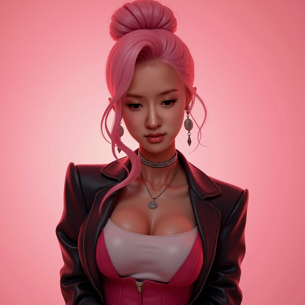 AVATAR SECOND LIFE Korean girl coral blouse , asiática pink  hair, pink  hair, pink  hair, Perfect and detailed face, imvu, maximalist details, AVATAR SECOND LIFE Korean blouse and pants , neon, pink  hair