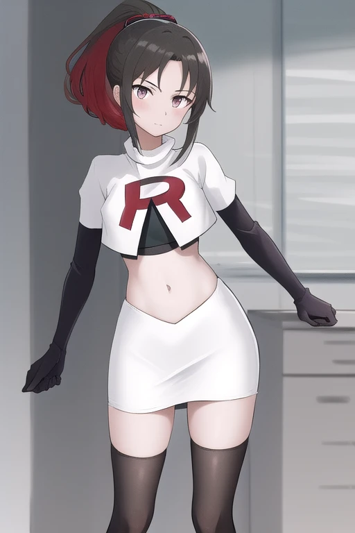 absurdres,masterpiece, trap, best quality, highres, high quality, 1boy, solo, male focus, hair, crossdressing,1boy,team rocket,team rocket uniform,white skirt,red letter R,crop top,black thigh-highs,black elbow gloves, embarrassed, blush