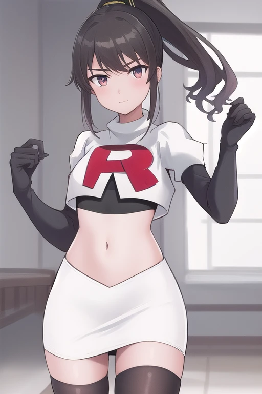 Perfect face. Perfect hands. A red haired woman with red eyes and an hourglass figure in a t-shirt and gym shorts is smiling while stretching on the grass by the track