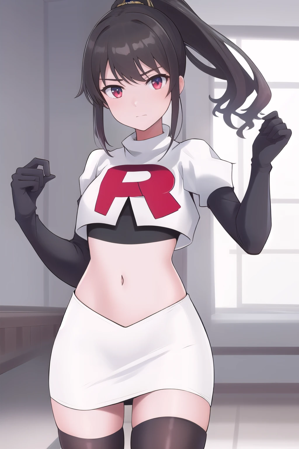 absurdres, cowboy shot, solo, male focus, trap, 1boy, crossdressing,1boy, oma kokichi, team rocket,team rocket uniform,white skirt,red letter R,crop top,black thigh-highs,black elbow gloves, evil laugh, blush