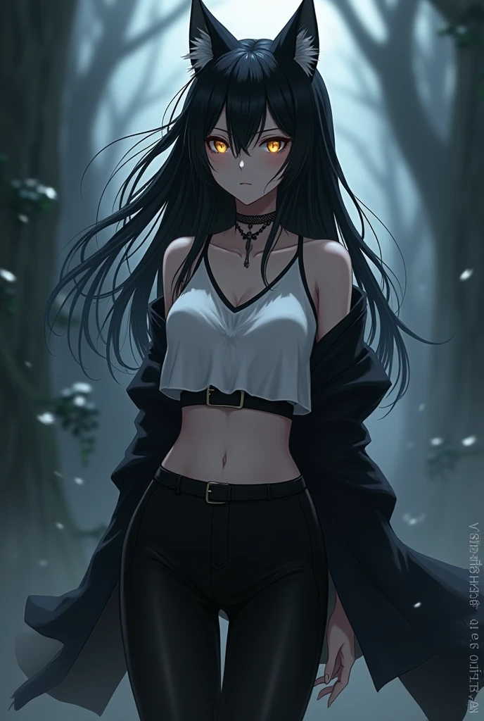 (masterpiece,best quality,ultra-detailed),1girl,black hair,dark gray hair,very long hair,messy hair,mane,(((coloured skin, grey skin))),small chest, grey crop top,((grey theme)),in a forest,animal print clothes
