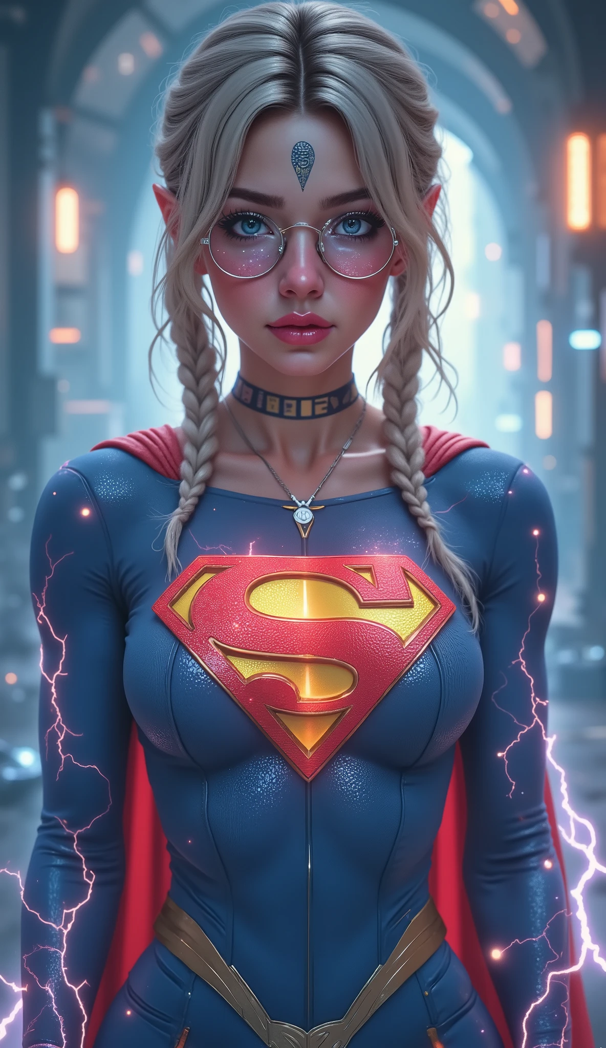 SO SEXY SO CUTE. SCREAMING IN PLEASURE AFTER BEING SEVERLY ELECTROCUTED. 3D ANIMATED STYLE. LARGE "S" EMBLEM APPEARS ON HER CHEST, BODY GROWING LARGER AS SHE TRANSFORMS INTO SUPERMAN. A SEXY YOUNG AUSTRALIAN GIRL WITH BLUE EYES, RED GLASSES, WHITE AND SILVER HAIR BRAIDED, WEARING A BLUE CORDUROY 1980 3D TEXTURED SUPERMAN COSTUME AND RED CAPE STARING AT THE VIEWER. PHOTO REALISTIC, INTRICATE DETAILS, INTICATE TEXTURES, PROESSIONAL 4K RENERING. POWERING UP, SEMI REALISTIC. MASSIVE AMOUNTS OF ELECTRICITY SURGING THROUGH HER.