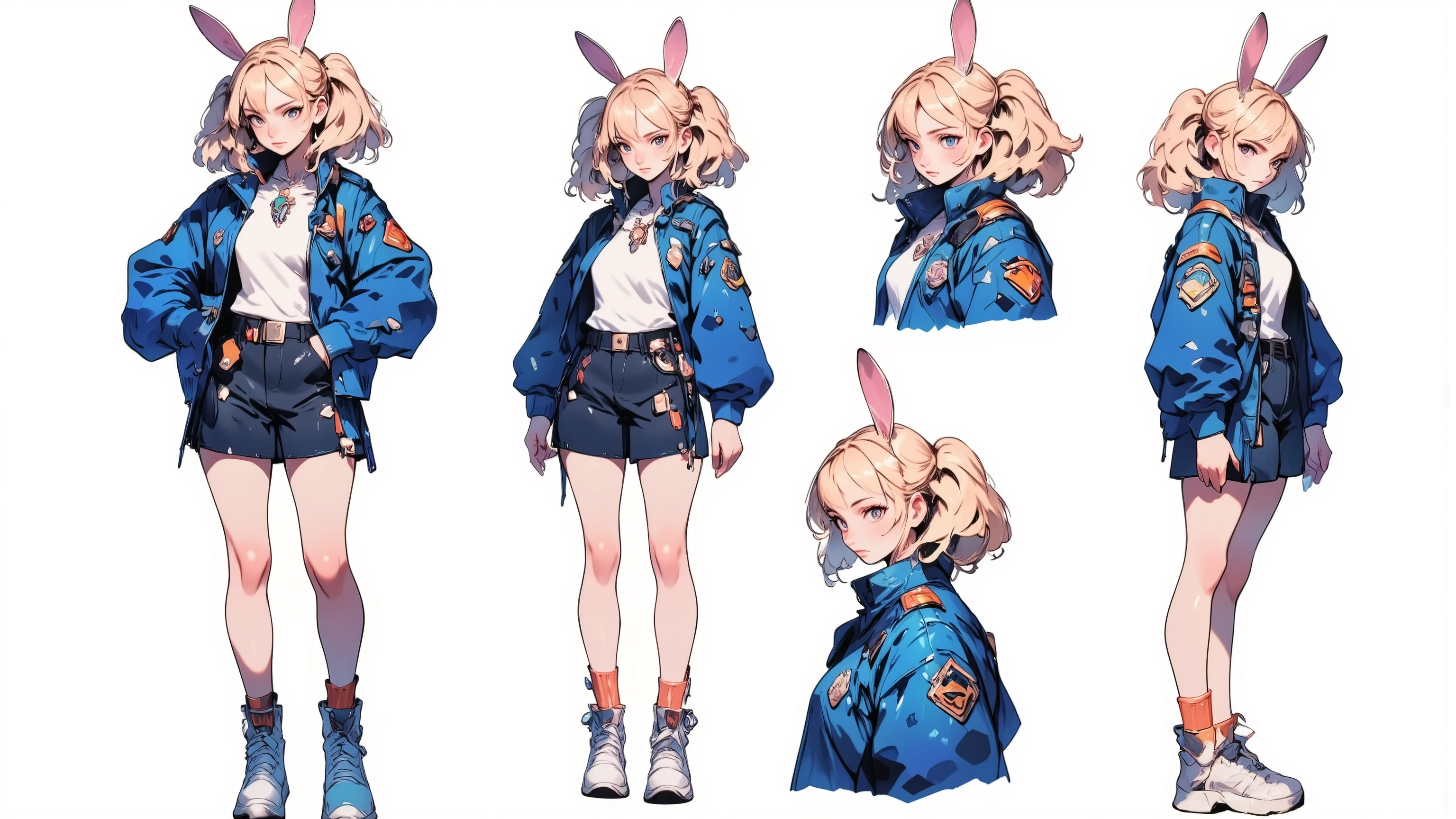 reference sheet, simple white background, (color guide:1.2), (multiple views), (full body), dynamic pose, highres, hi res, best quality, masterpiece, intricate details, absurdr ,anime bunny ear girl in police jacket, ,Short hair,Twin ponytails, blue jacket,boots,Sports shoes,Dark skirt,Dark shorts,软萌动漫插画 , Bunny Themed Girl , Cute aesthetics, Baroque Aesthetics , Loliesthetics , Anime atmosphere , Anime Aesthetics, holo sticker , Orange Aesthetics ,Character design