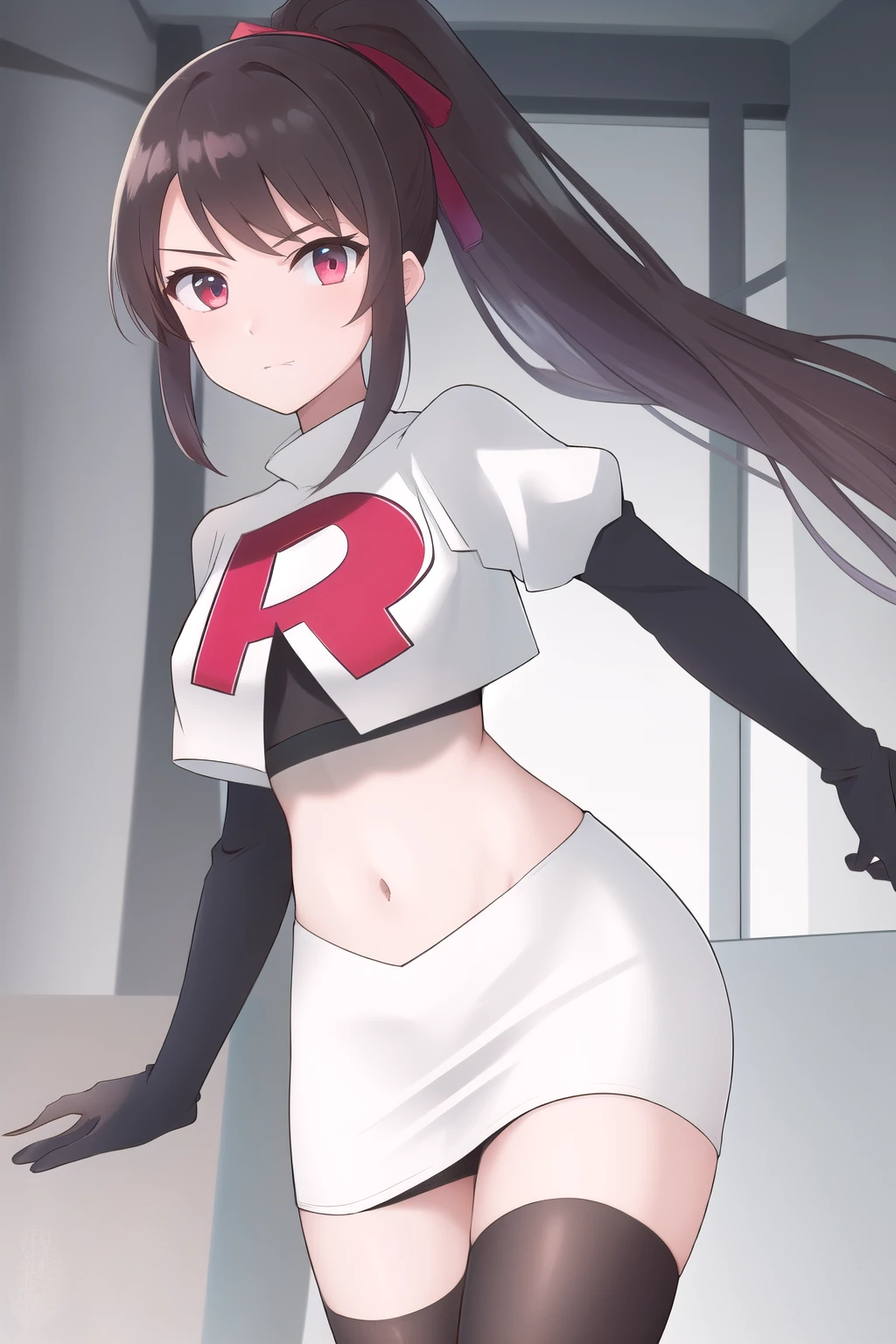 masterpiece, best quality, highres, 1girl, chabashira sae, high ponytail, team rocket,team rocket uniform,white skirt,red letter R,crop top,black thigh-highs,black elbow gloves