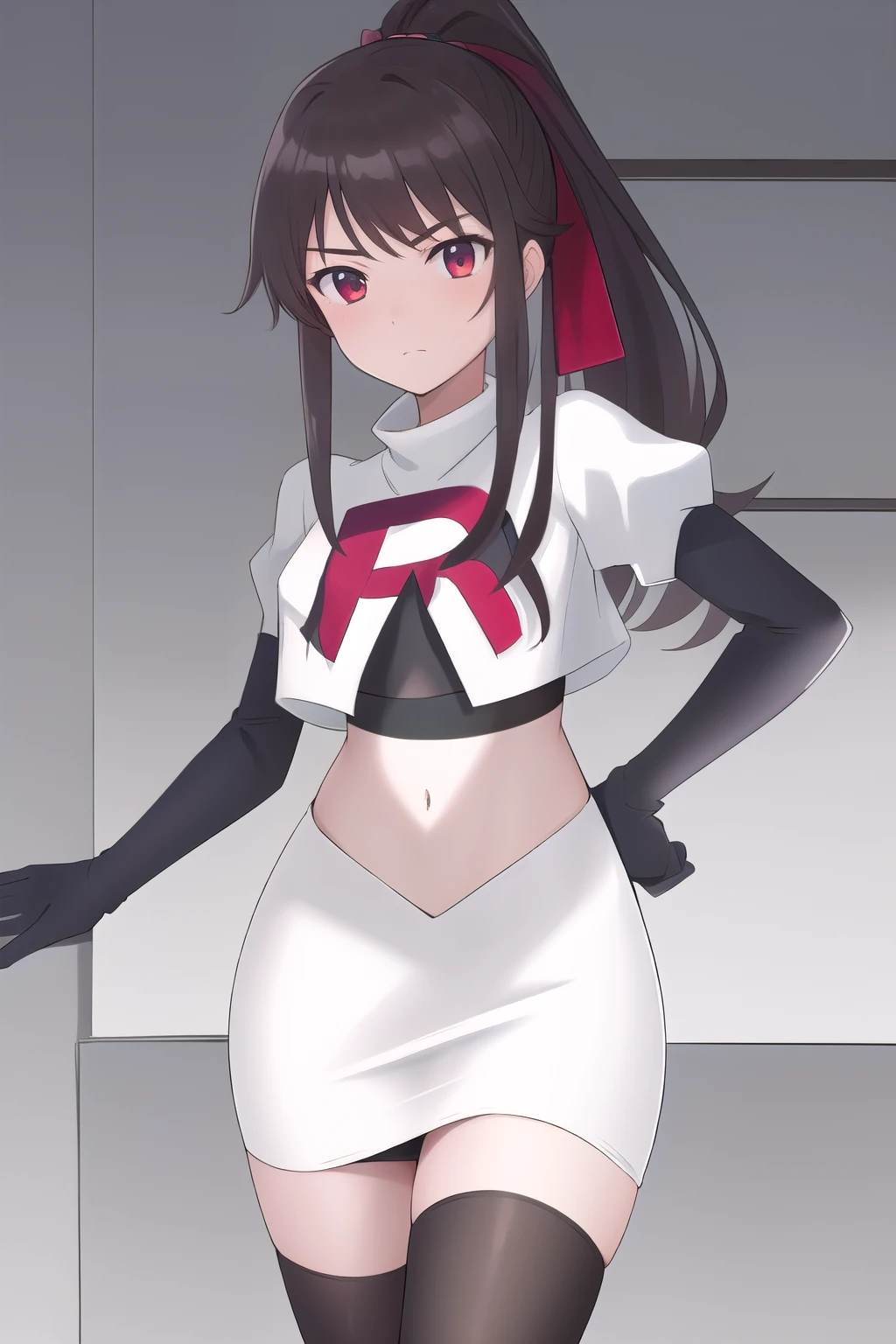 masterpiece, best quality, highres, 1girl, chabashira sae, high ponytail, team rocket,team rocket uniform,white skirt,red letter R,crop top,black thigh-highs,black elbow gloves