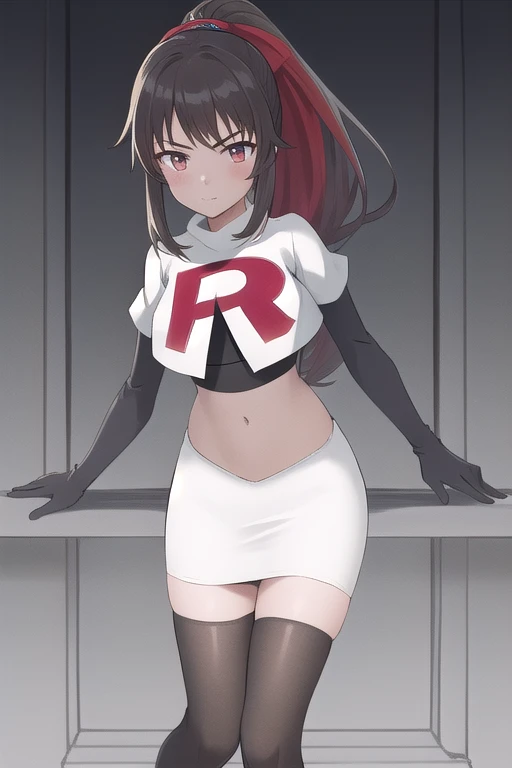nozomi_routine,1girl, solo, long hair, two side up, holding, hair ornament, looking at viewer,yellow bow, hair ornament, team rocket,team rocket uniform,white skirt,red letter R,crop top,black thigh-highs,black elbow gloves