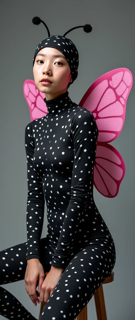 The most beautiful,thin,most pretty and clever malaysian muslimah adult girl wears black butterfly lycra turtleneck unitard catsuit covered with white seamless polkadots.She always wear black butterfly lycra dancewear stretchy square hijab.She has a pair of pink beautiful butterfly wings.She is crawling.