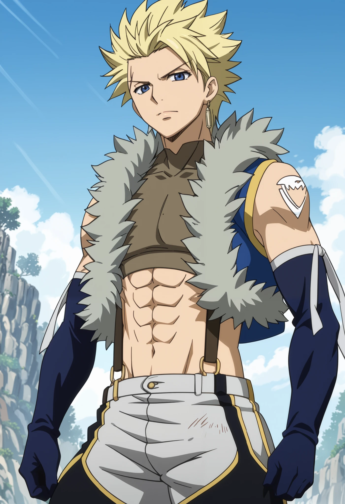 front view, Frontal portrait, close-up, looking at viewer, score_9, score_8_up, score_7_up, source_anime, rating_safe, StingFT, Sting drive blonde hair, light yellow Sting single earring, white ST tattoo, Sting scar, 1boy, male focus, anime screencap, blue-gold fur-trimmed Sting crop top vest, brown Sting crop top, blue Sting elbow gloves, grey Sting pants, grey Sting armband ribbon, brown-yellow Sting suspenders, black-yellow Sting thigh boots, cropped feet, soft shading, sky background with soft shadows, soft blue lighting highlighting his features, high-quality anime details, vivid colors 