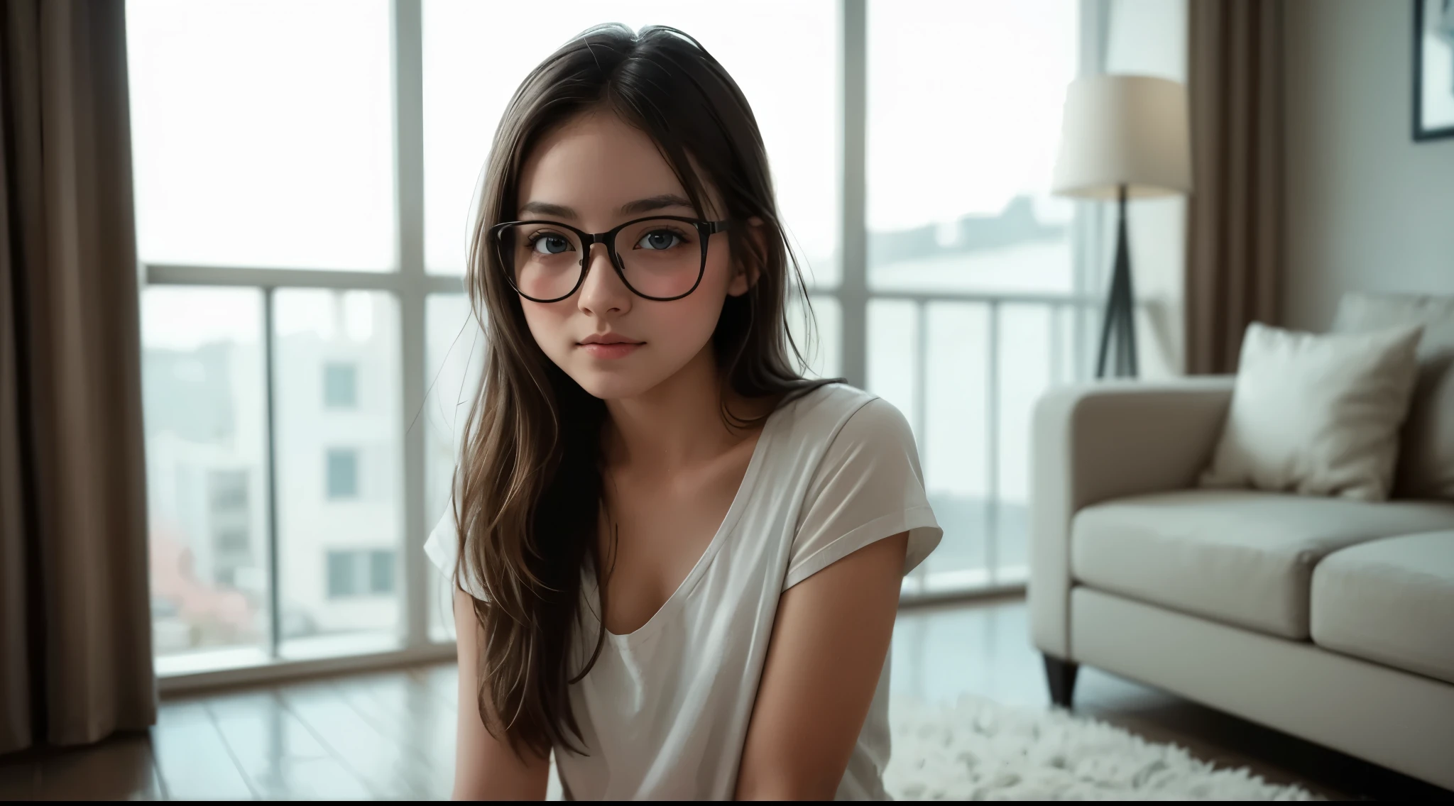 girl with glasses, BREAK, girl, black framed glasses, naked, (yo, cute:1.4), (breasts), long hair, middle-parted bangs, (flat bangs:0.8), looking at viewer, smart looks, korean, straight brown hair, loose casual shirt, window, seductive eyes, minimalist living room, realistic, high-resolution, photo,