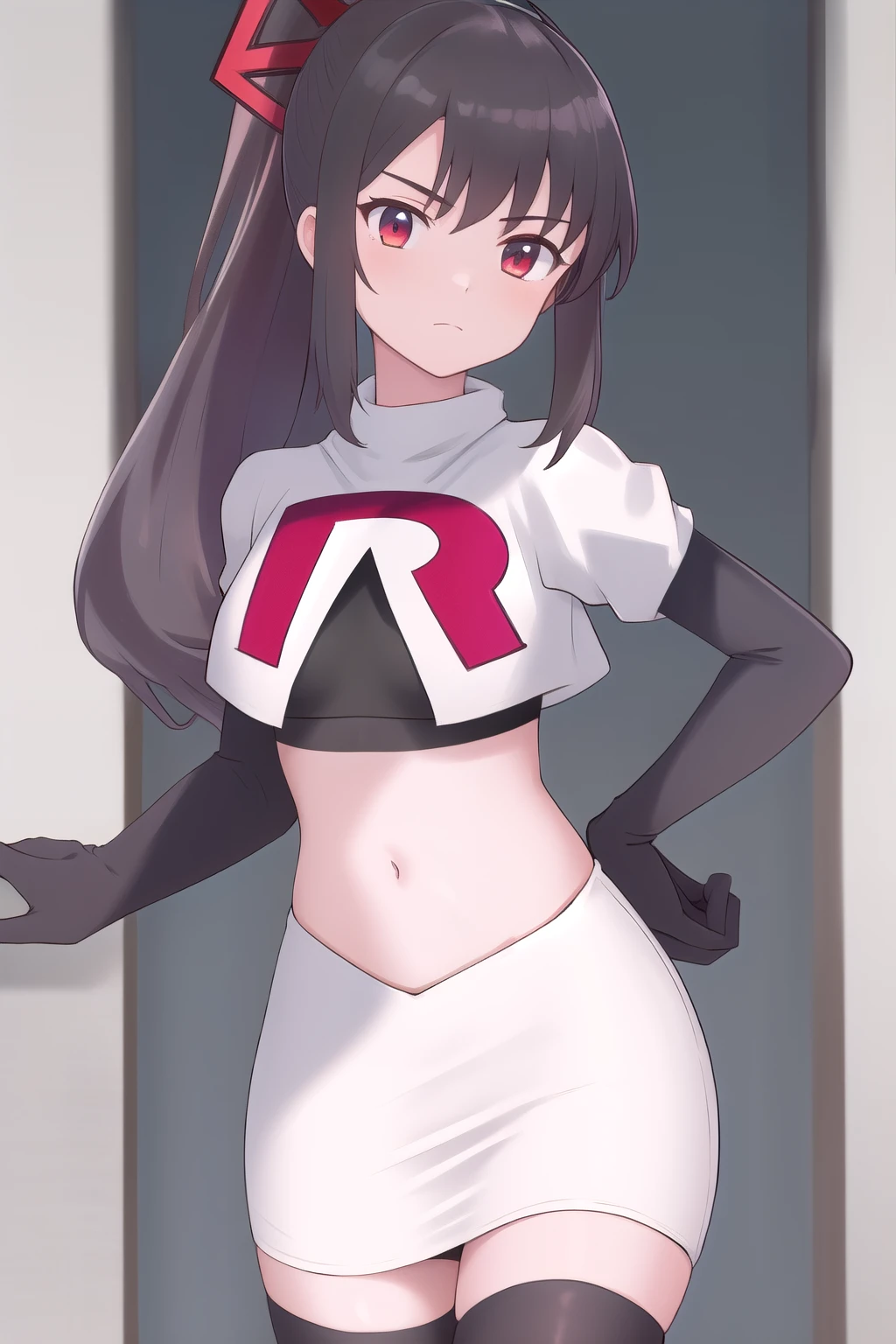masterpiece, best quality, highres, 1girl, chabashira sae, high ponytail, team rocket,team rocket uniform,white skirt,red letter R,crop top,black thigh-highs,black elbow gloves