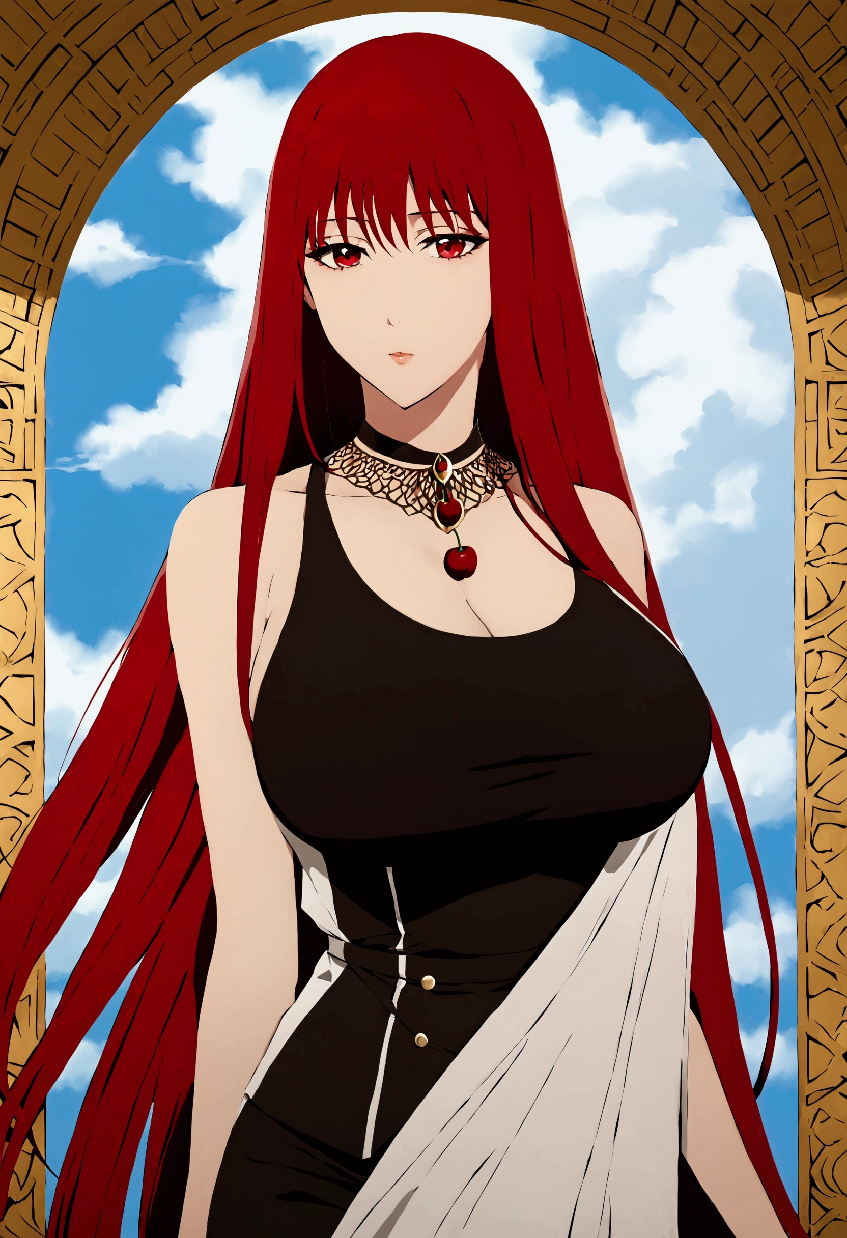 Long, straight hair, cherry red hair, big breasts, cintura fina, pele muito branca