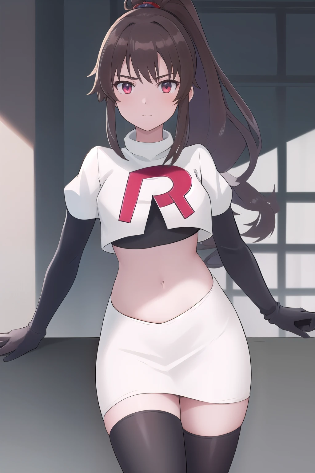 masterpiece, best quality, portrait, 1girl,  long hair, brown hair, brown eyes ,team rocket,team rocket uniform, red letter R, white skirt,white crop top,black thigh-highs, black elbow gloves,