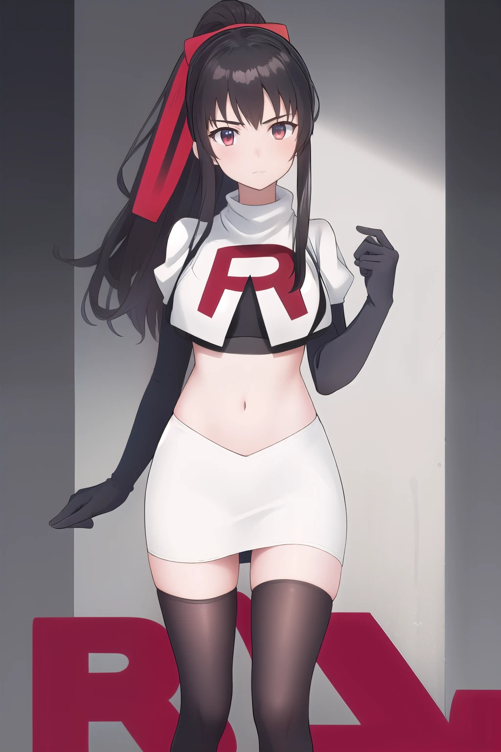 (extremely detailed CG unity 8k wallpaper),(masterpiece),(best quality),(ultra-detailed),(best illustration),(best shadow),(absurdres),1girl,solo,Chihara ,black hair, red eyes, breasts, earrings, navel, jewelry, long hair, team rocket,team rocket uniform,white skirt,red letter R,crop top,black thigh-highs,black elbow gloves